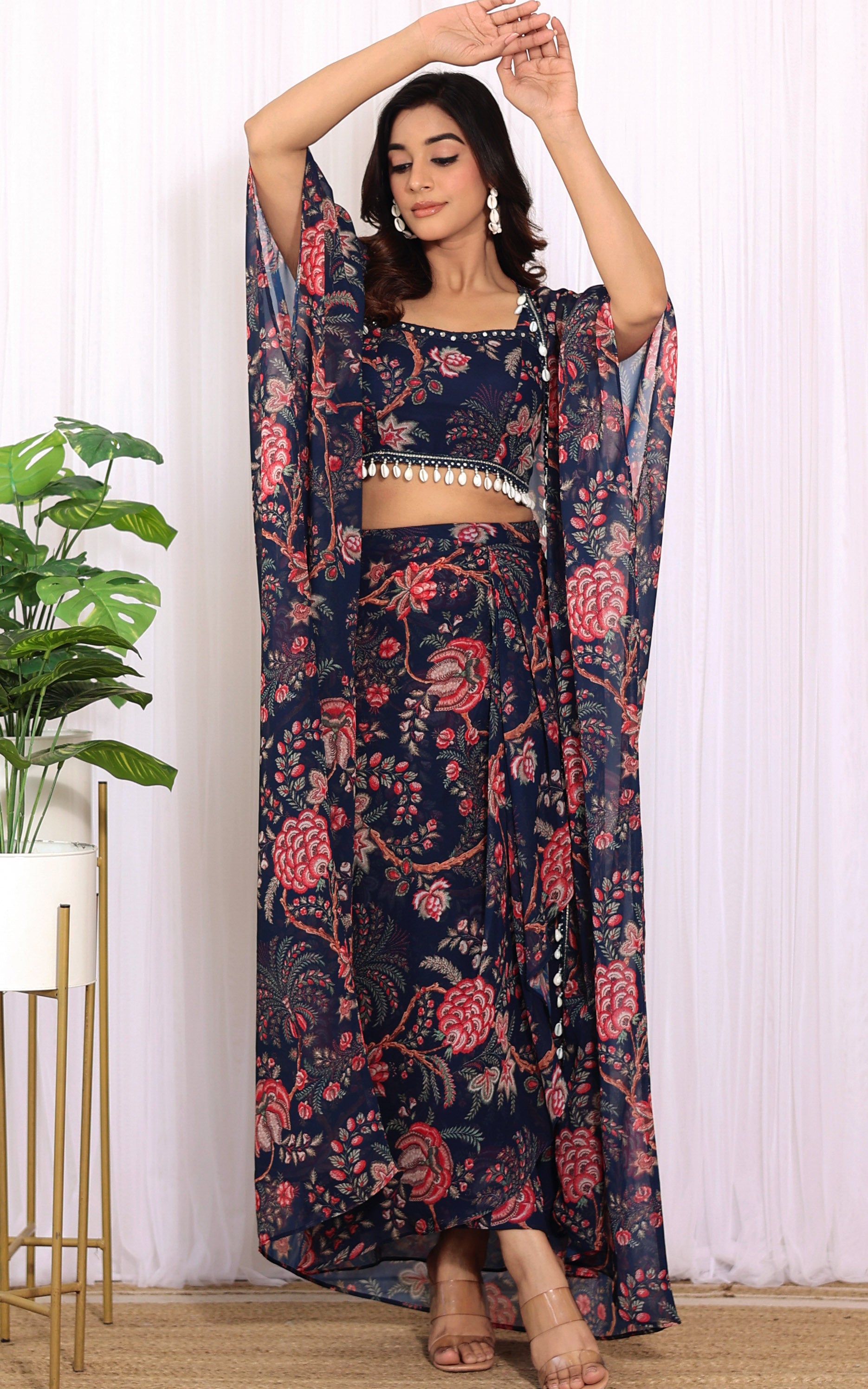 Simran Sethi Navy Blue Printed Georgette Crop Top & Draped Skirt Co-ord Set
