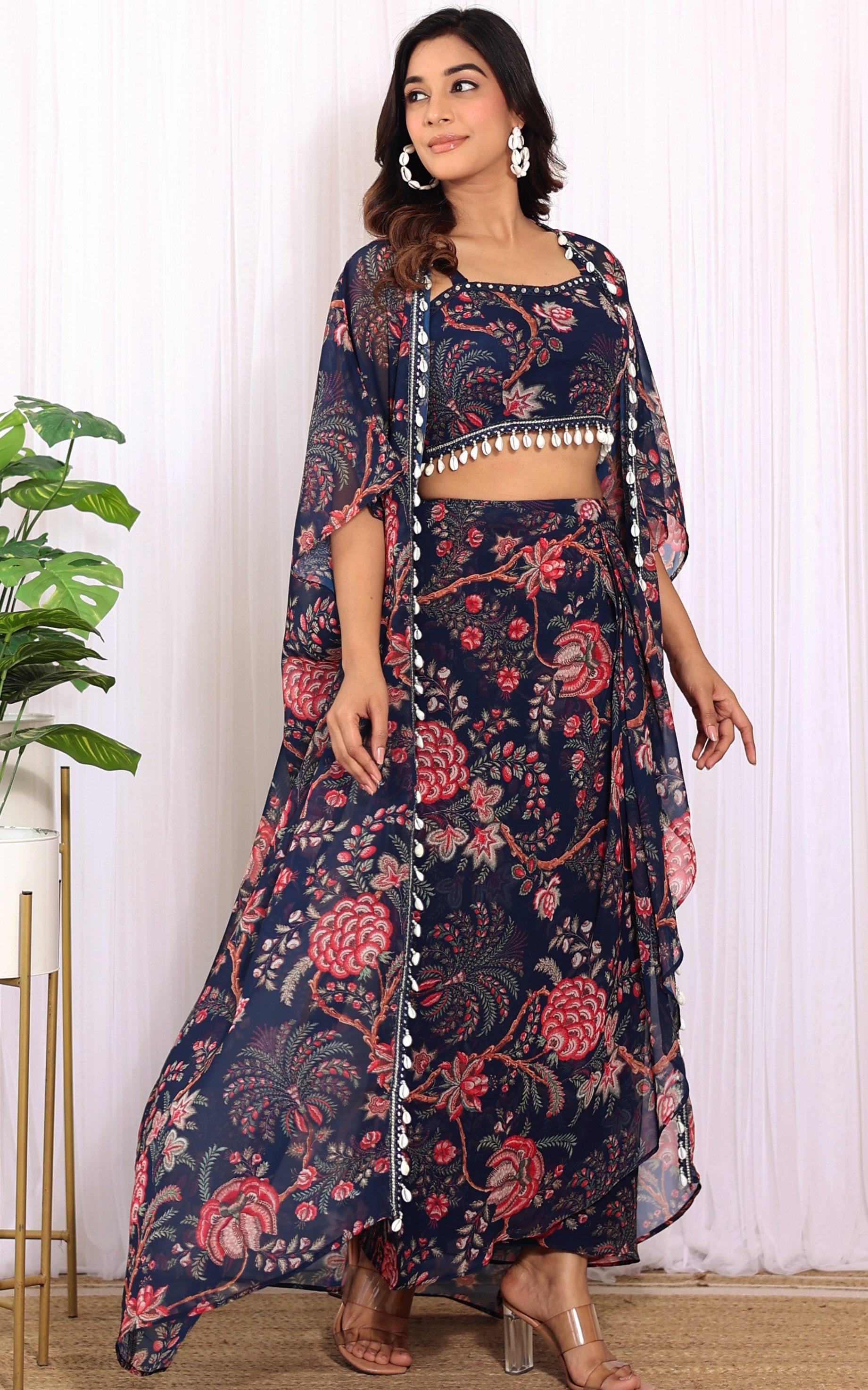 Simran Sethi Navy Blue Printed Georgette Crop Top & Draped Skirt Co-ord Set