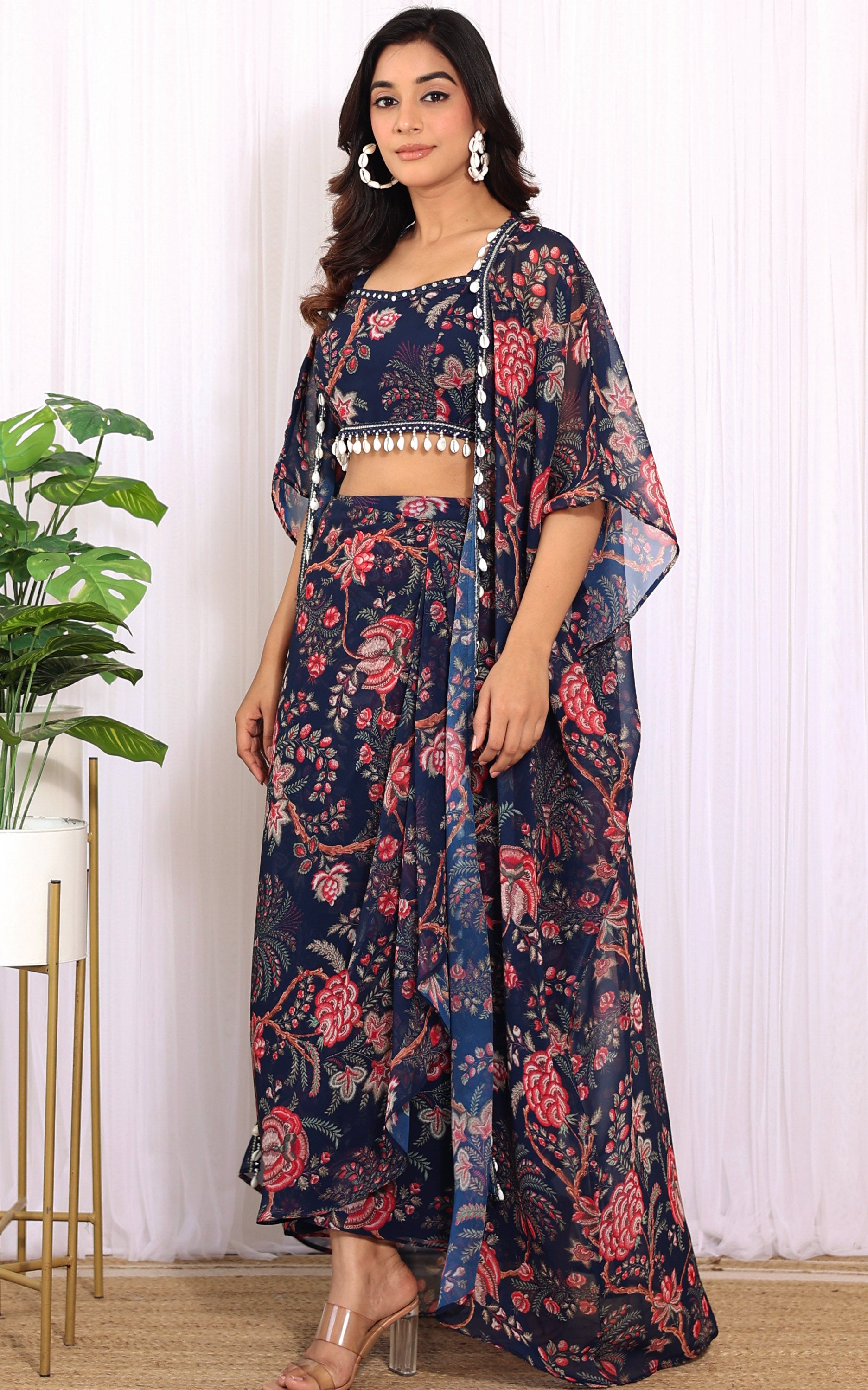 Simran Sethi Navy Blue Printed Georgette Crop Top & Draped Skirt Co-ord Set