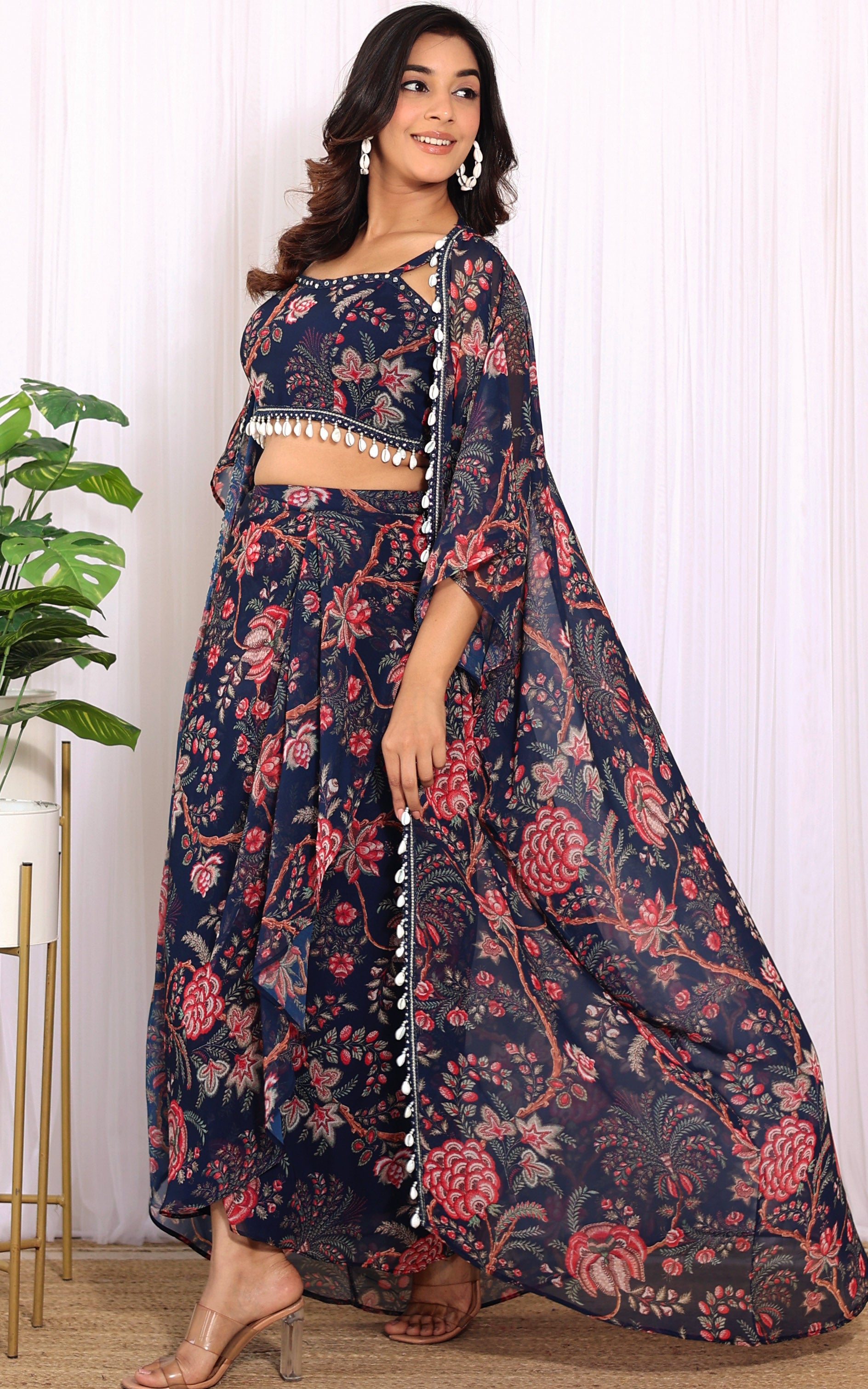 Simran Sethi Navy Blue Printed Georgette Crop Top & Draped Skirt Co-ord Set