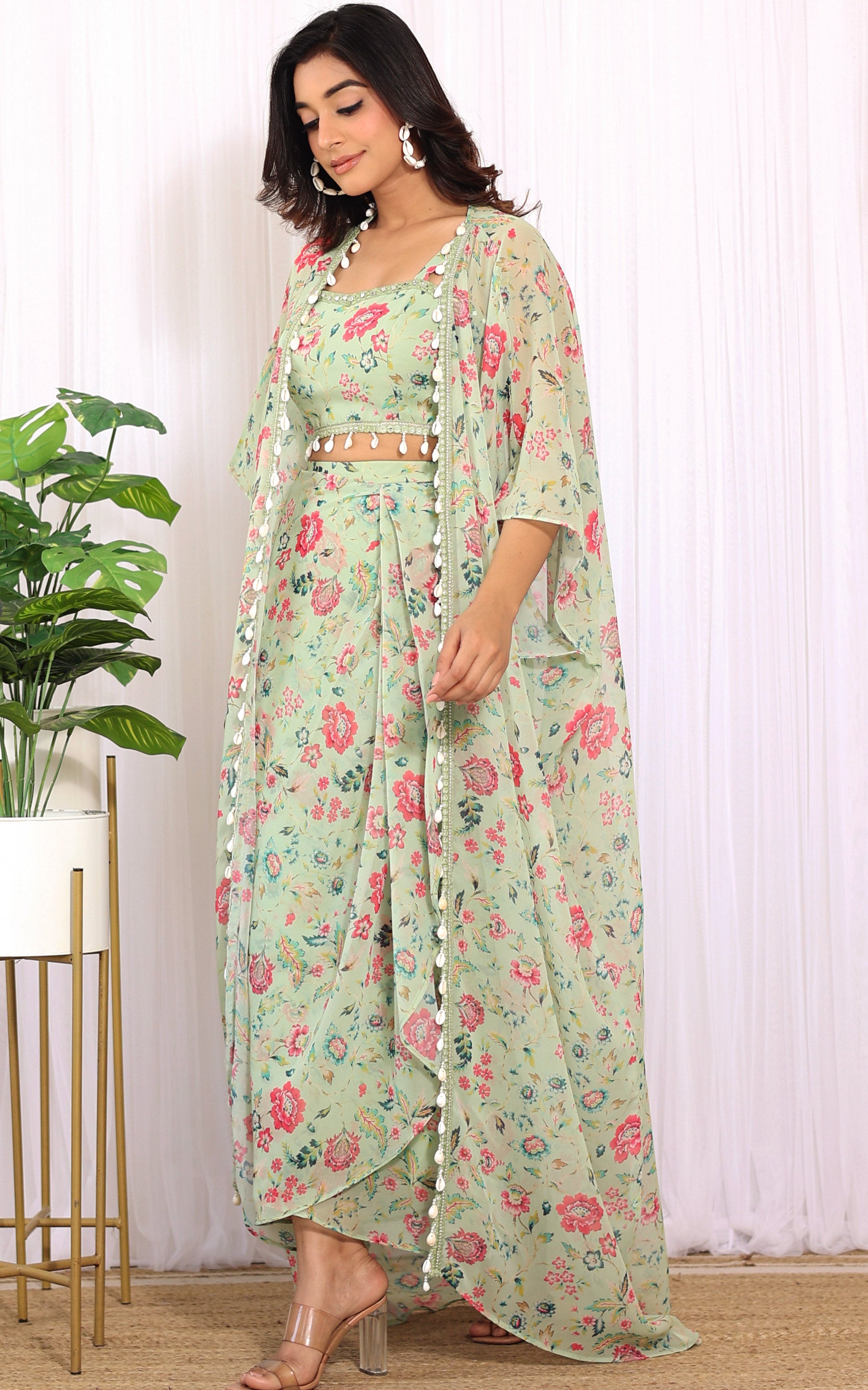 Sharmin Panjwani Sage Green Printed Georgette Crop Top & Draped Skirt Co-ord Set