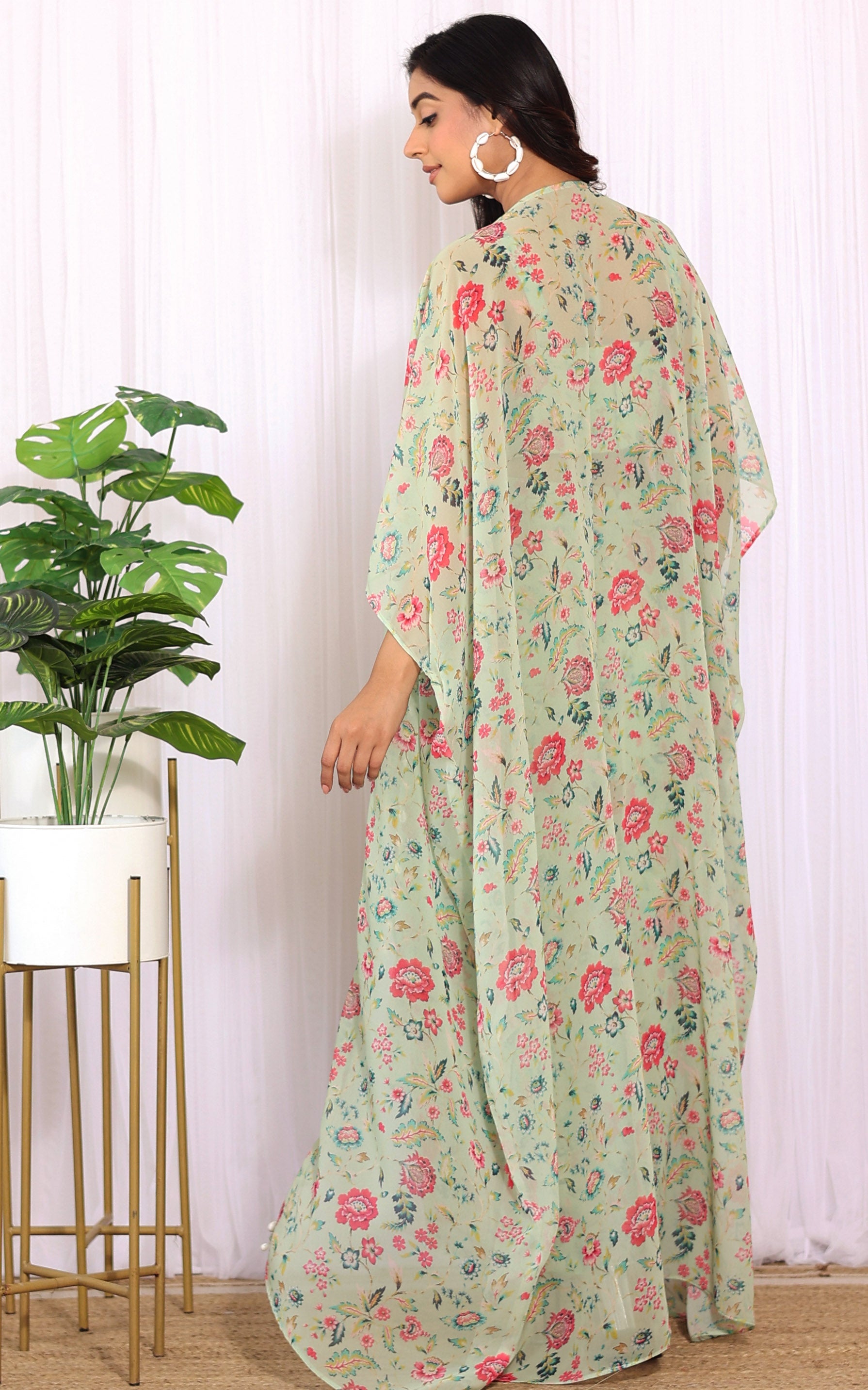 Sharmin Panjwani Sage Green Printed Georgette Crop Top & Draped Skirt Co-ord Set