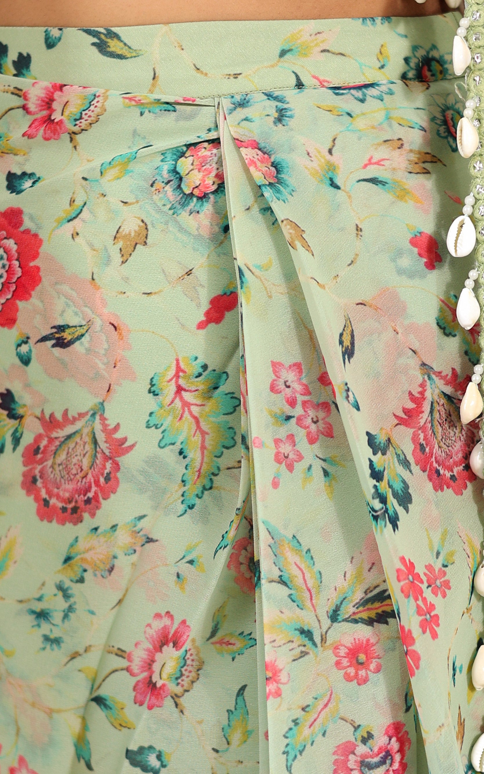 Sharmin Panjwani Sage Green Printed Georgette Crop Top & Draped Skirt Co-ord Set