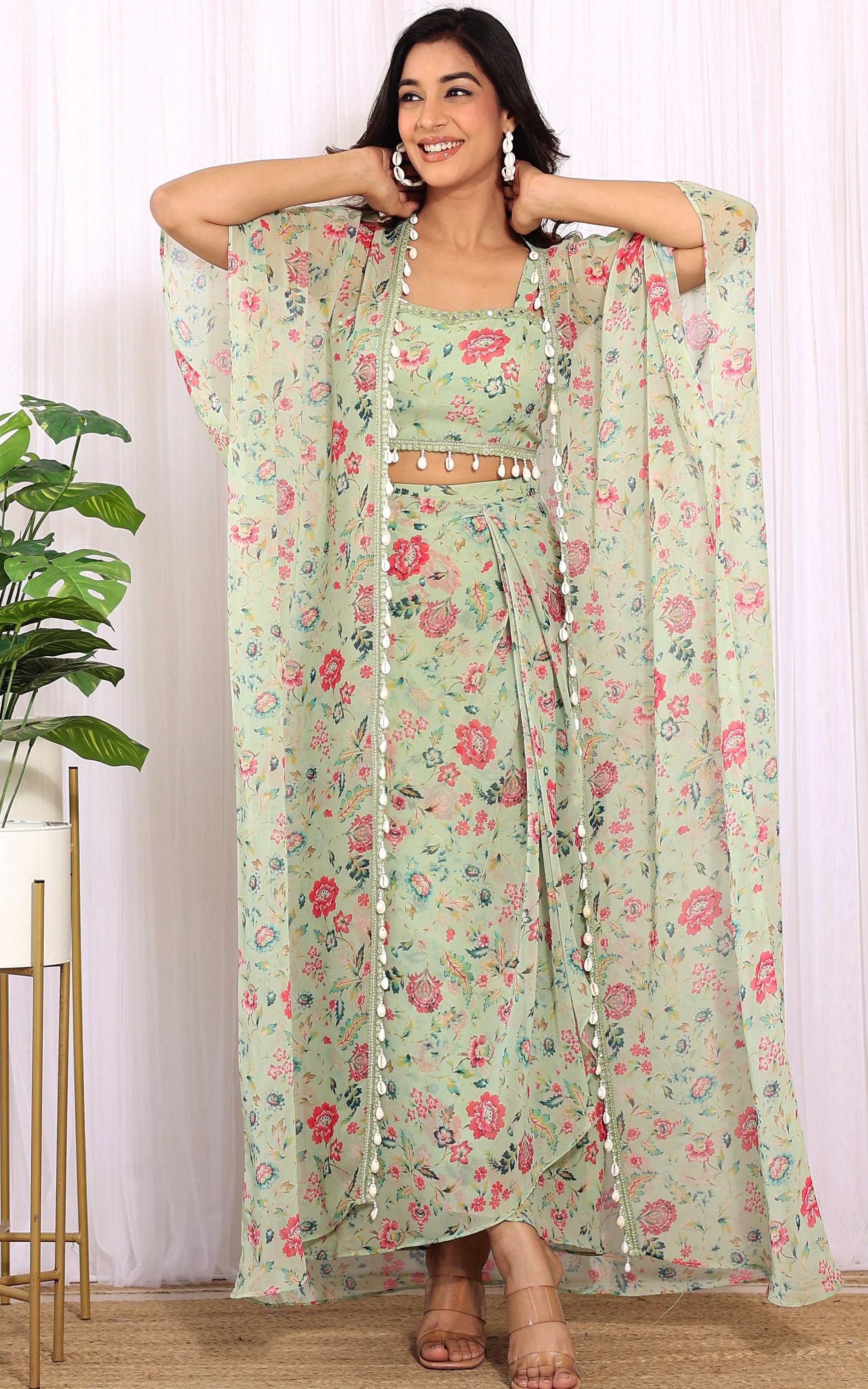 Sharmin Panjwani Sage Green Printed Georgette Crop Top & Draped Skirt Co-ord Set