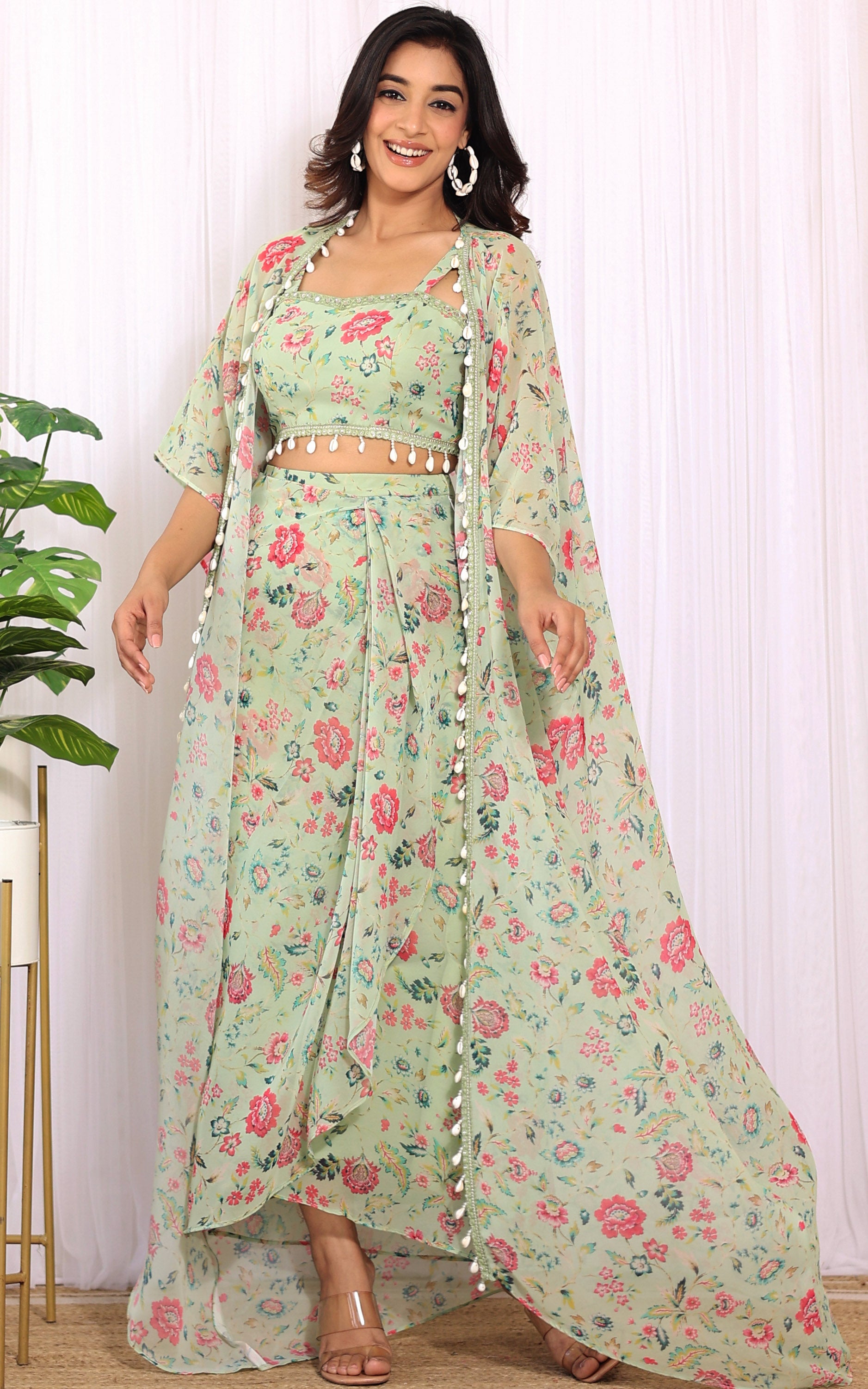 Sharmin Panjwani Sage Green Printed Georgette Crop Top & Draped Skirt Co-ord Set