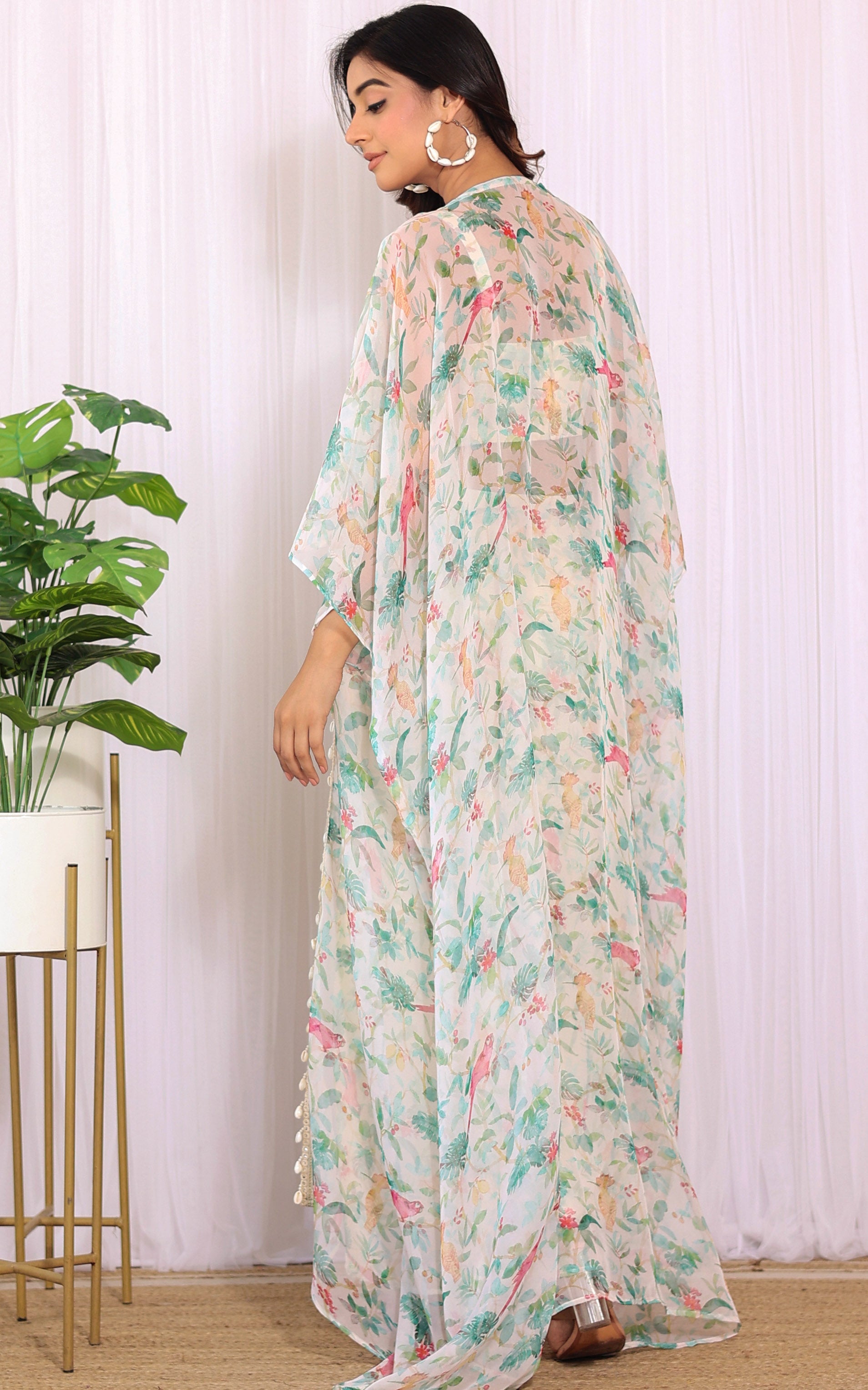 Off White Bird Georgette Crop Top & Draped Skirt Co-ord Set