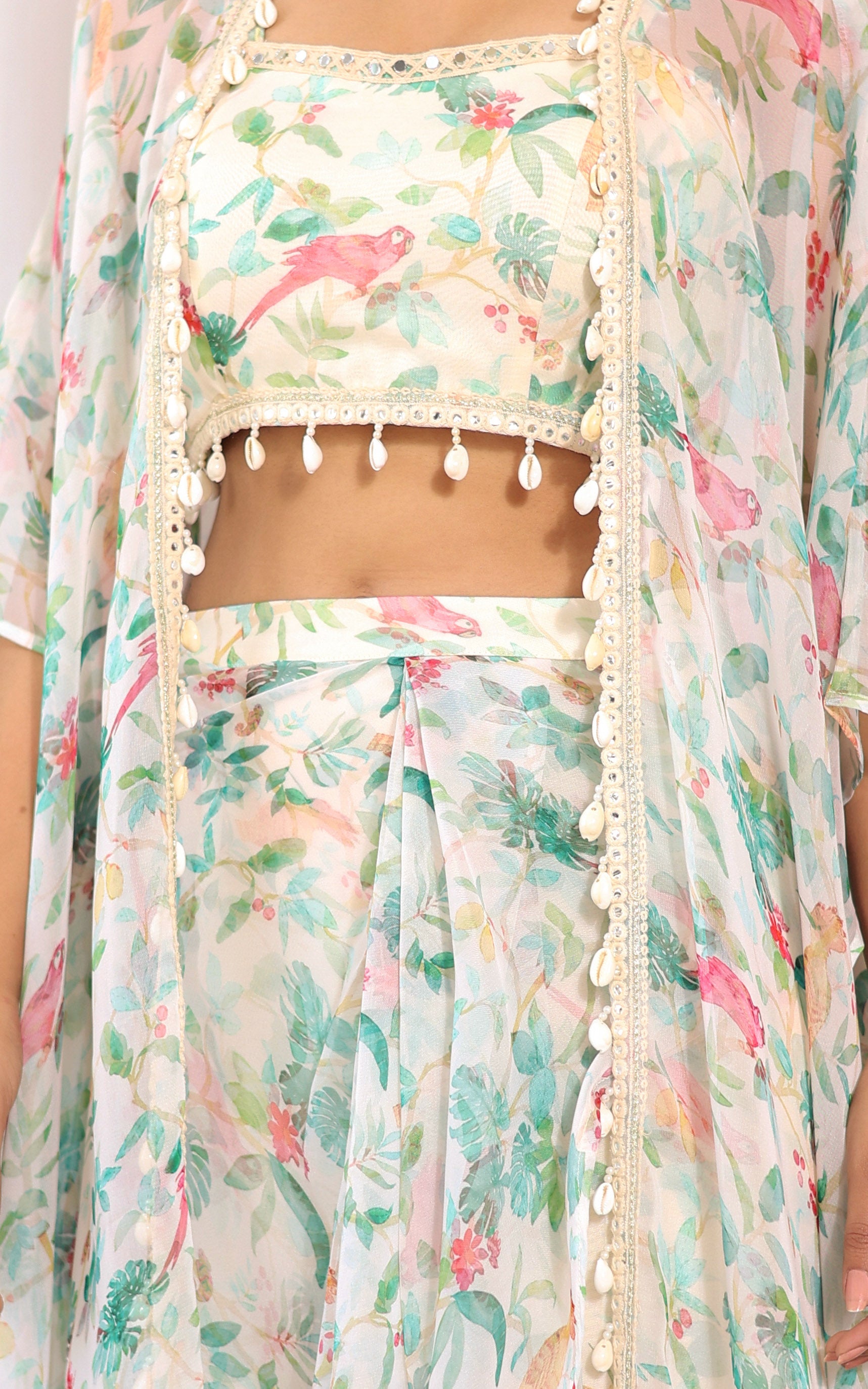 Off White Bird Georgette Crop Top & Draped Skirt Co-ord Set