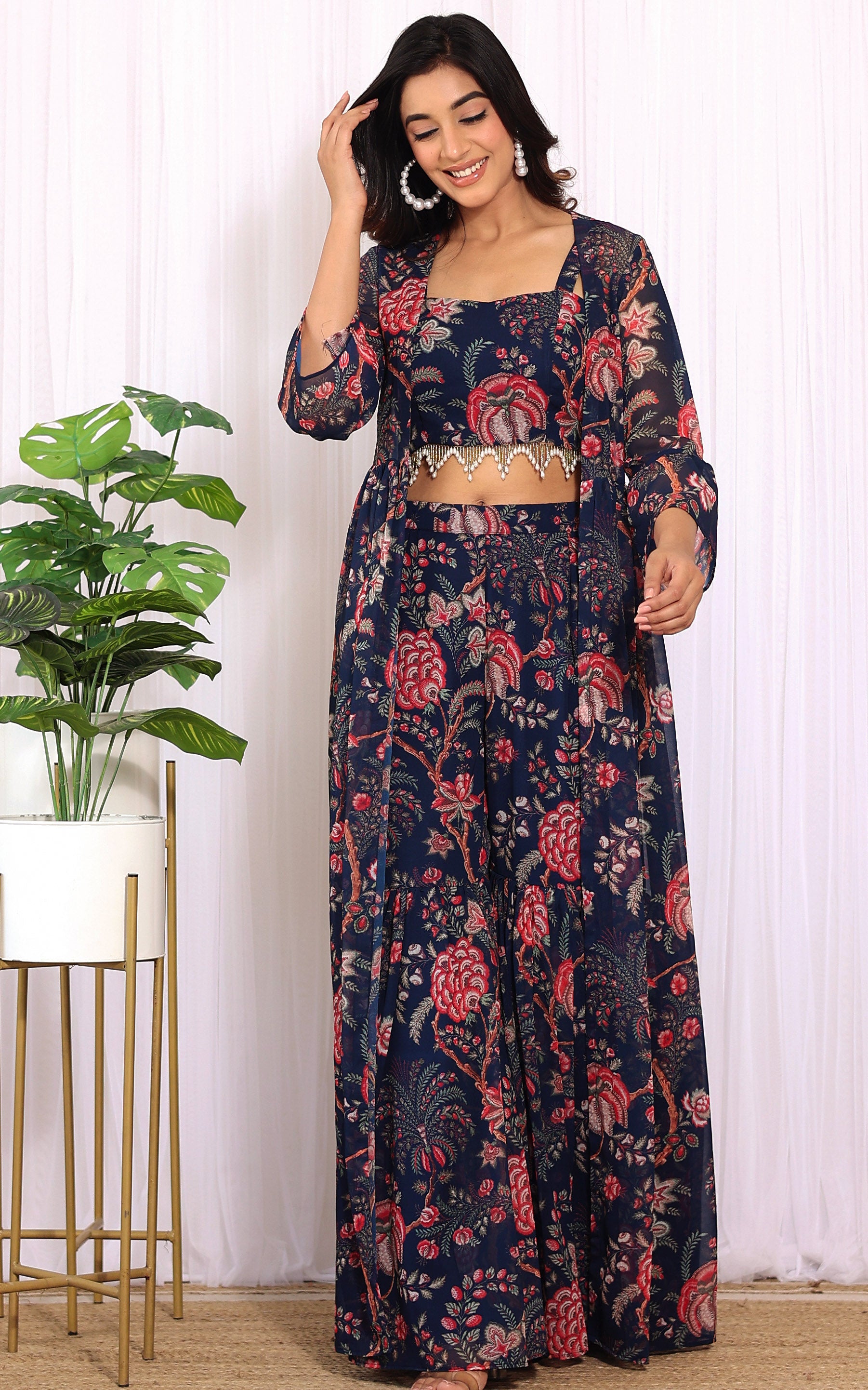 Srishti Navy Blue Floral Printed Georgette Crop-Top & Sharara Set