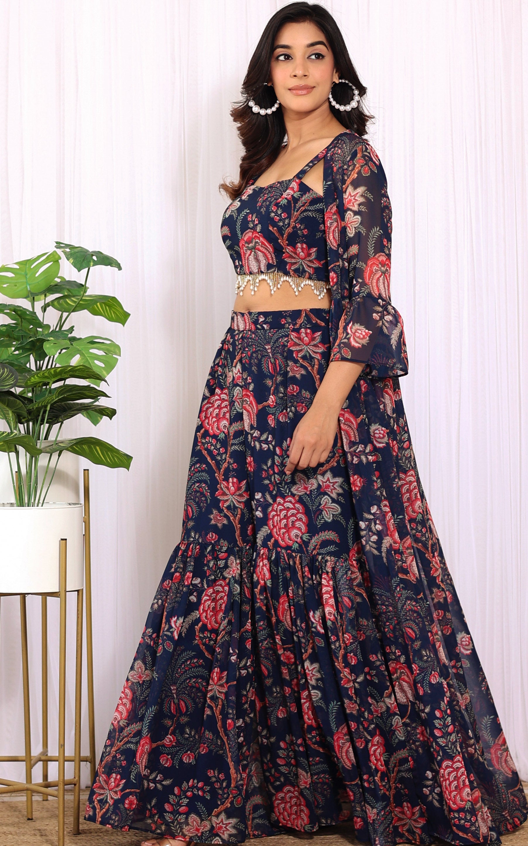 Srishti Navy Blue Floral Printed Georgette Crop-Top & Sharara Set