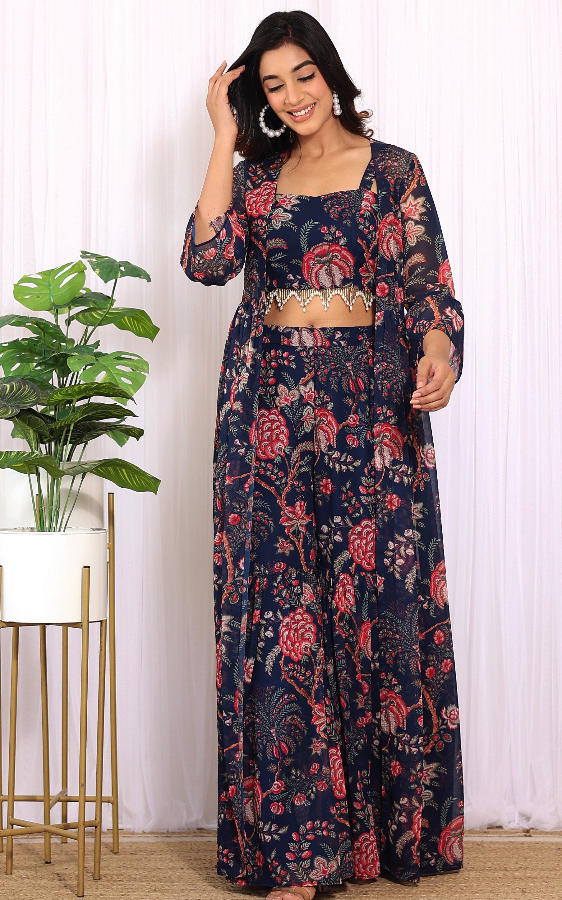 Srishti Navy Blue Floral Printed Georgette Crop-Top & Sharara Set