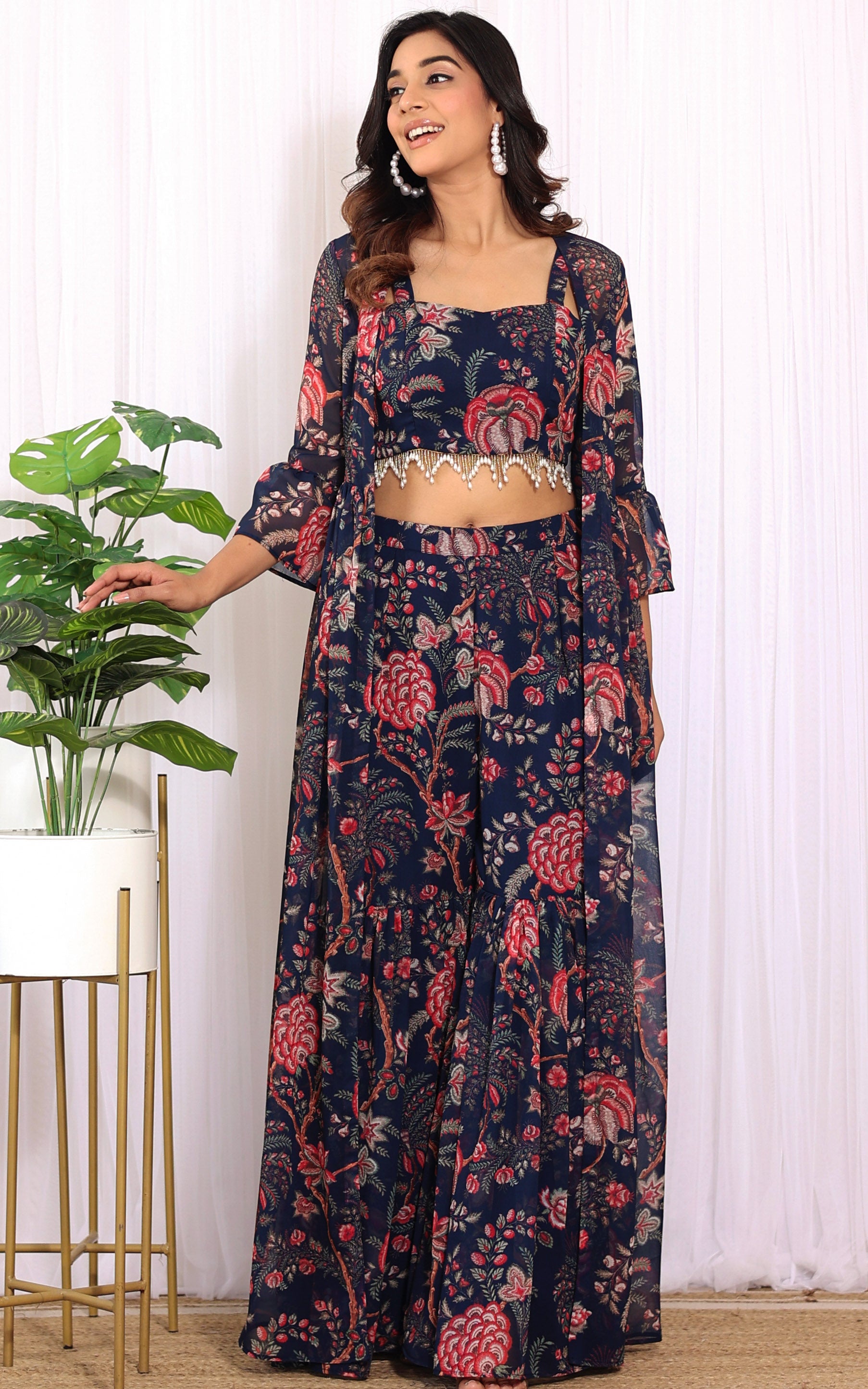 Srishti Navy Blue Floral Printed Georgette Crop-Top & Sharara Set