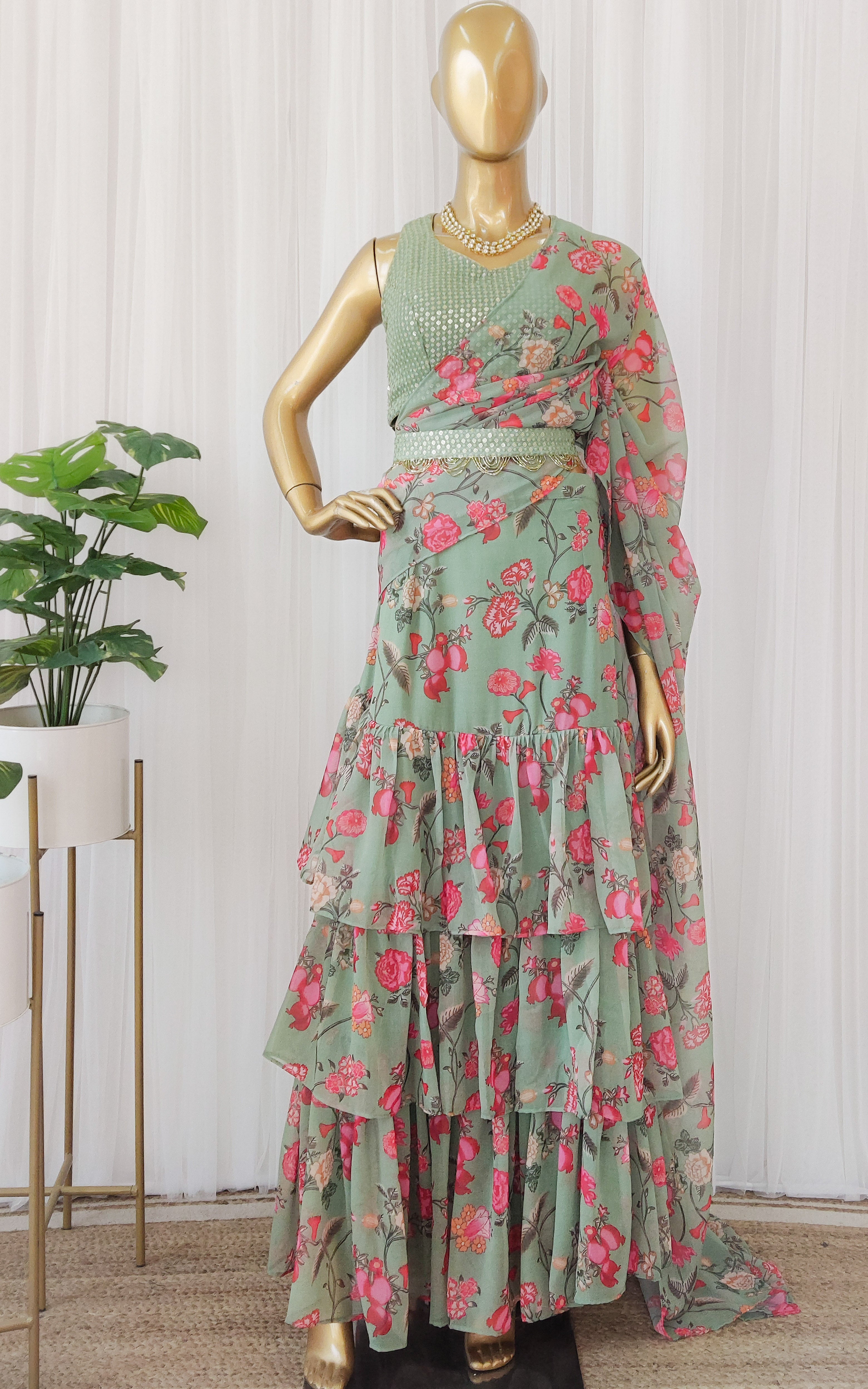Forest Green Georgette Pre-Stitched Ruffle Saree with Embellished Belt