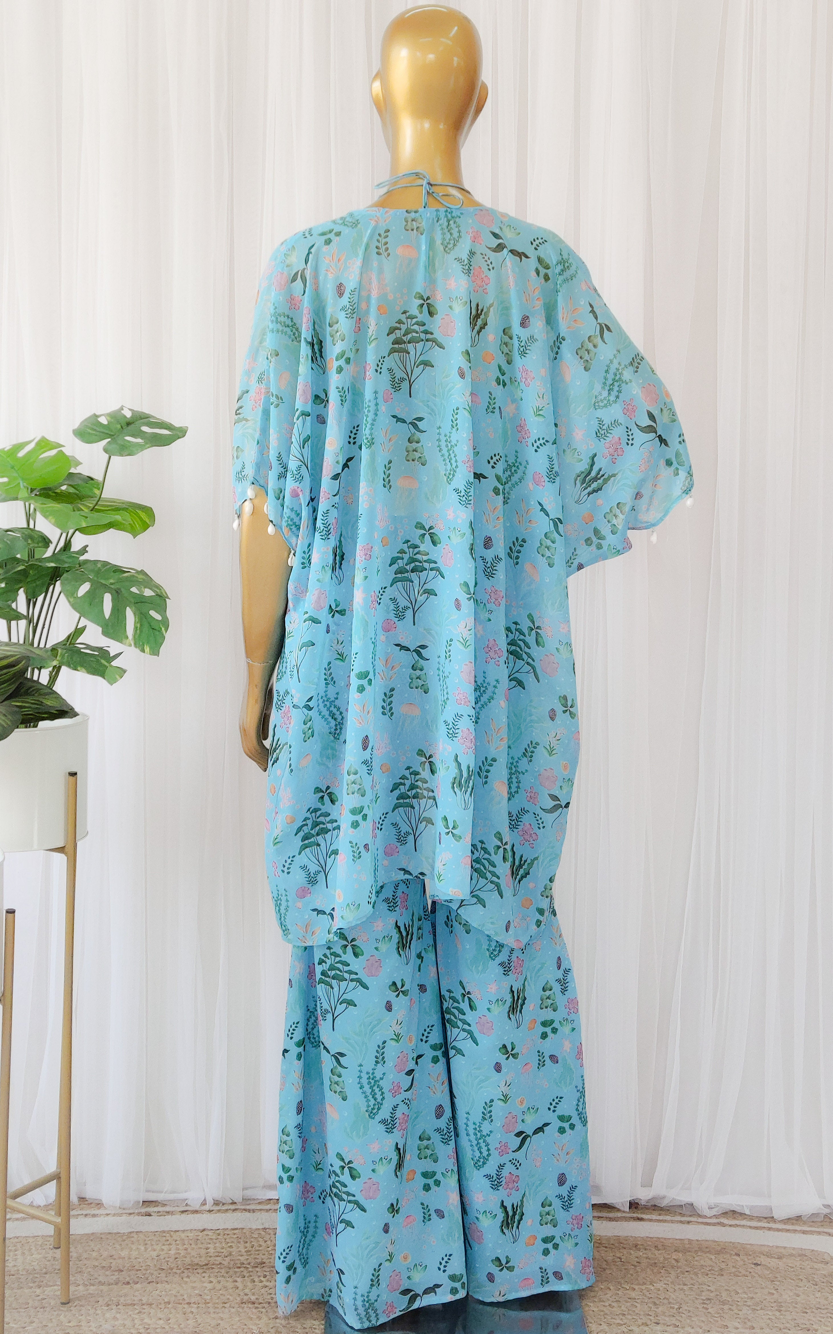 Turquoise Aquatic Print Georgette Jacket & Pant Co-ord Set