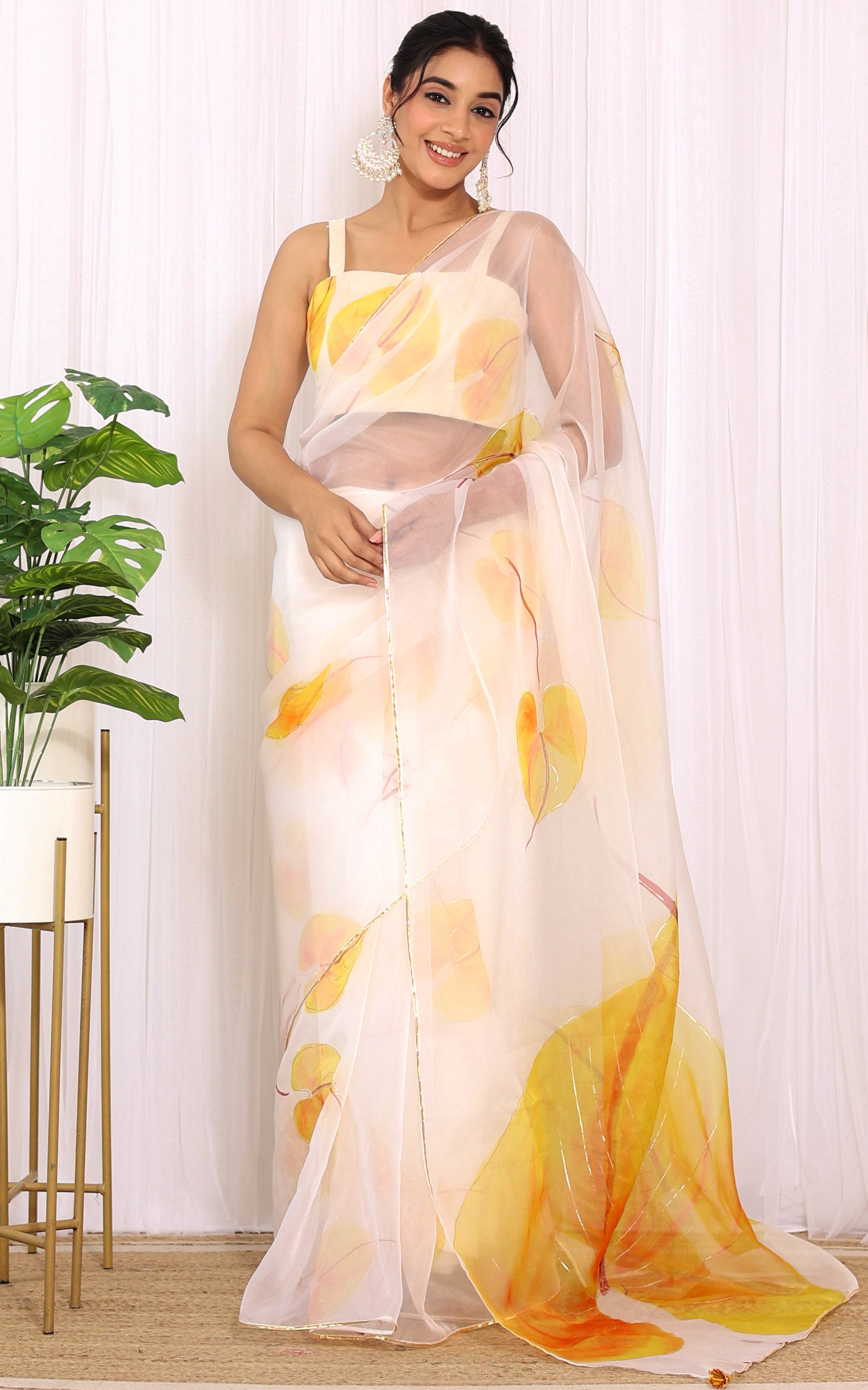 Tanumita Yellow Anthurium Handpainted Organza Saree