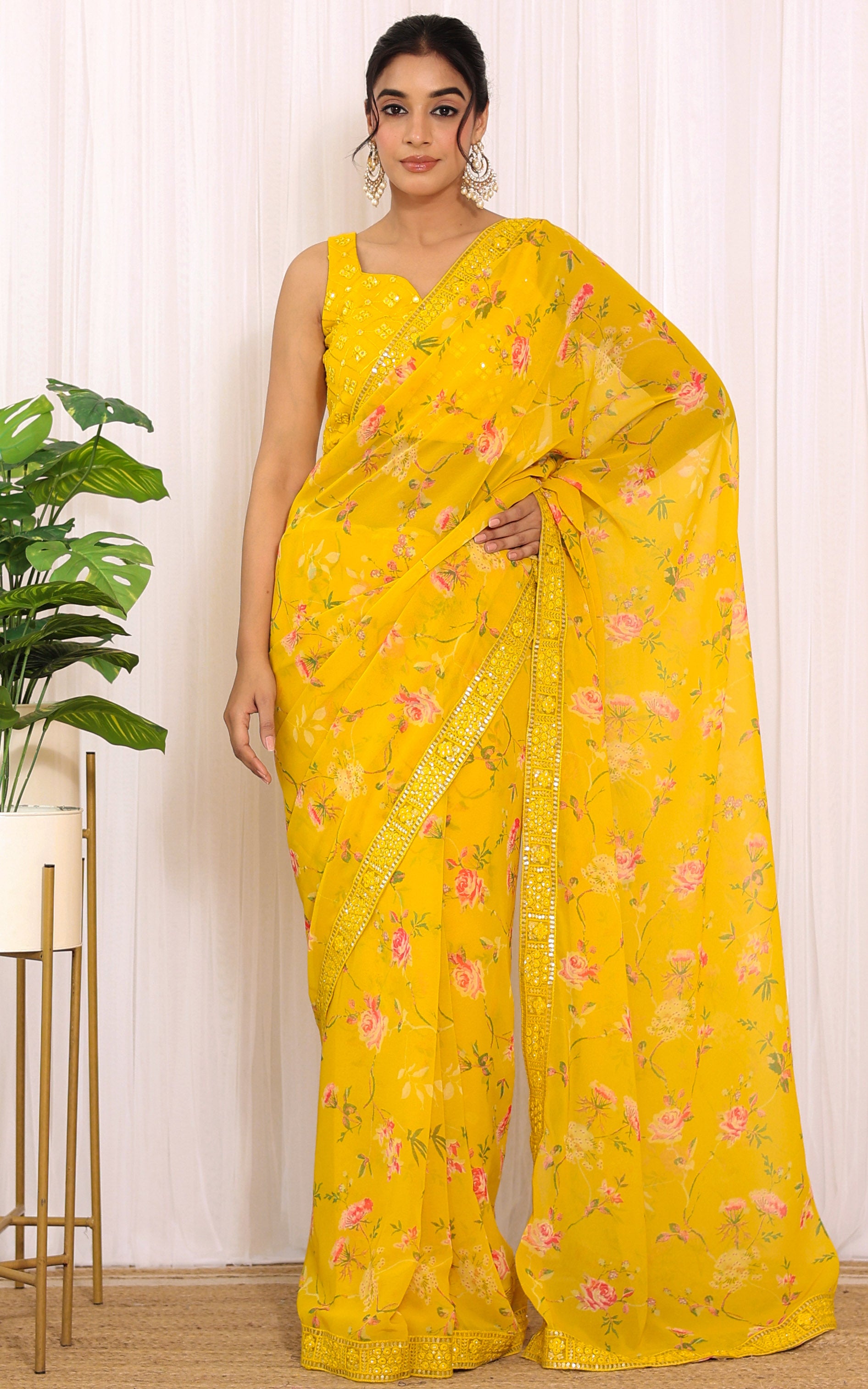 Yellow Rose Printed Georgette Saree