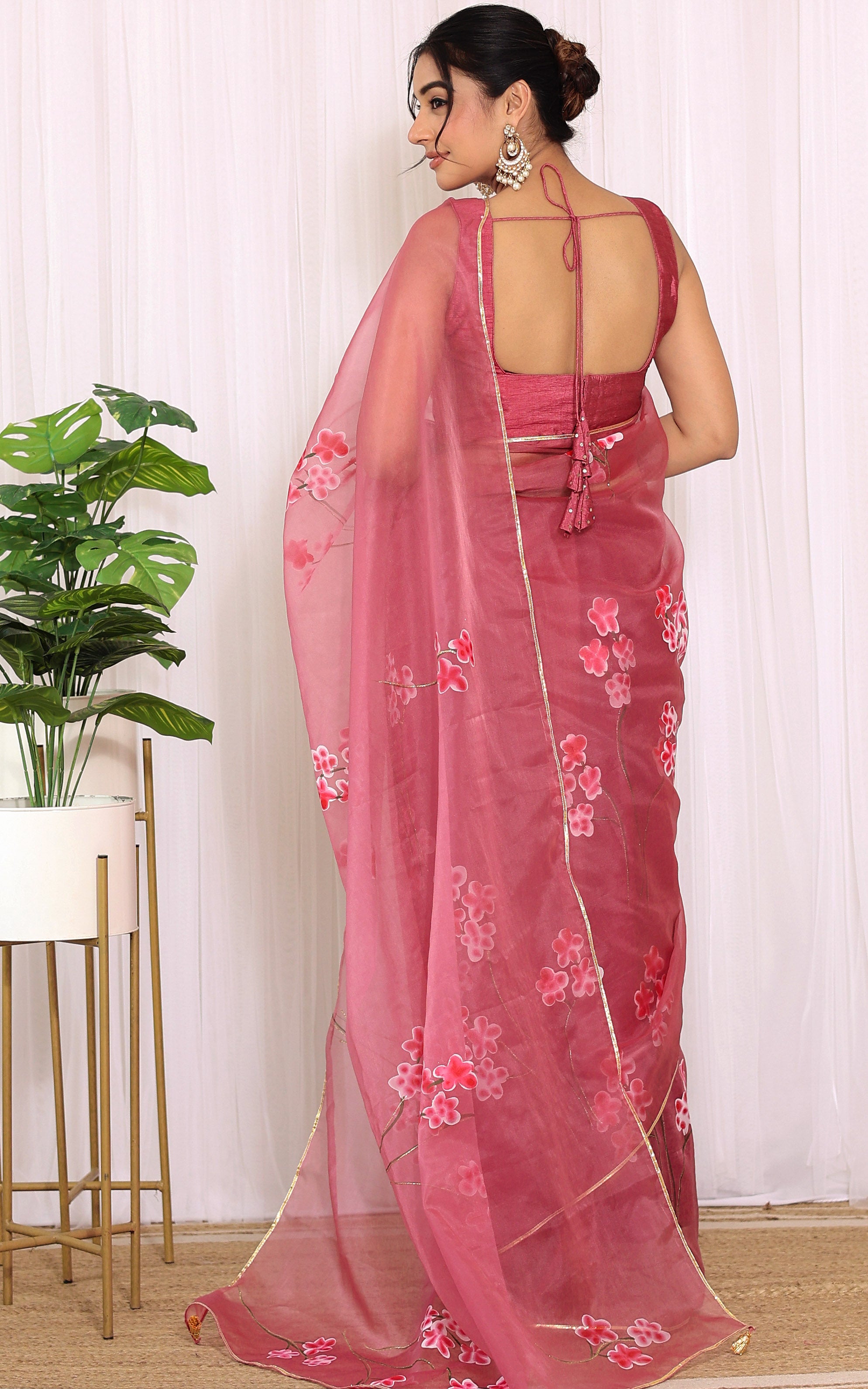 Onion Pink Handpainted Organza Saree