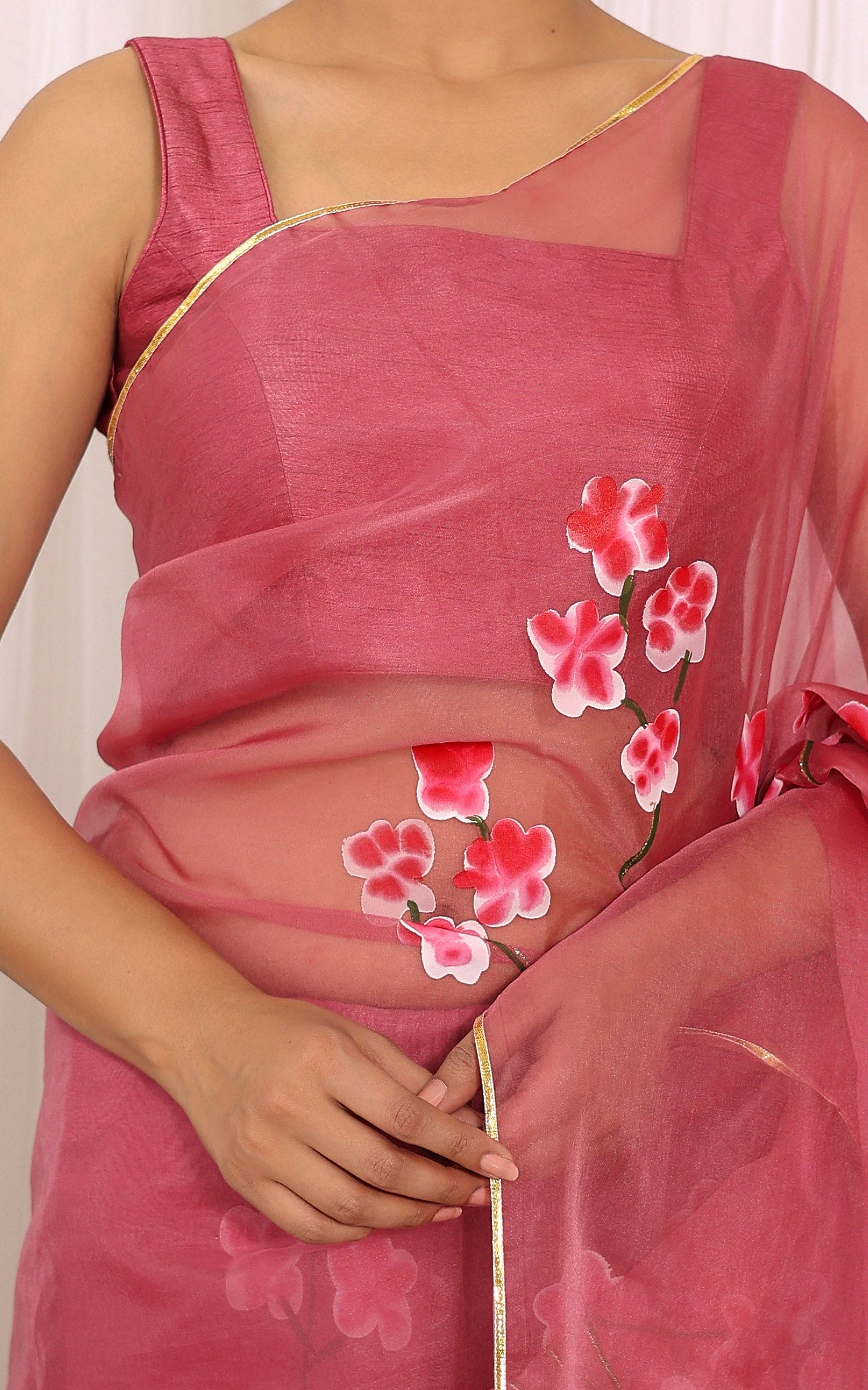 Onion Pink Handpainted Organza Saree
