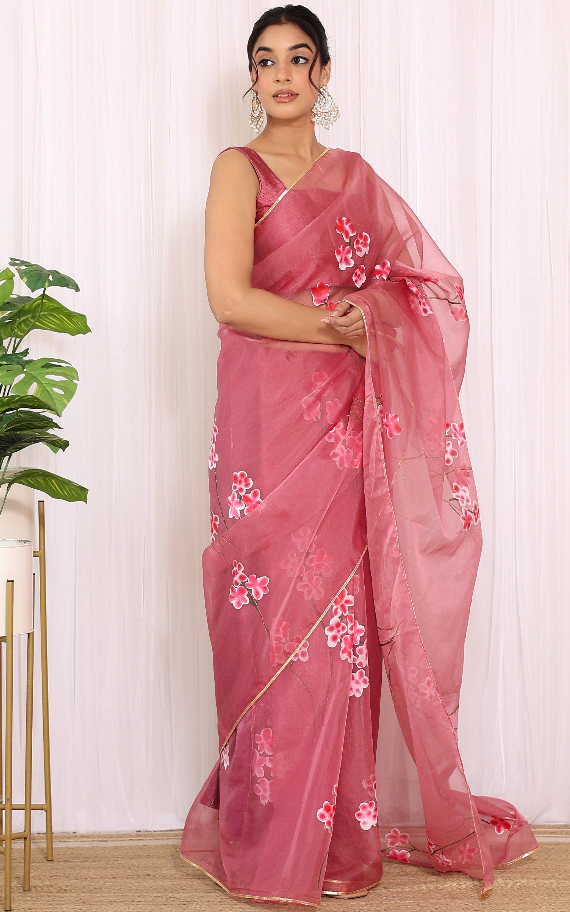 Onion Pink Handpainted Organza Saree
