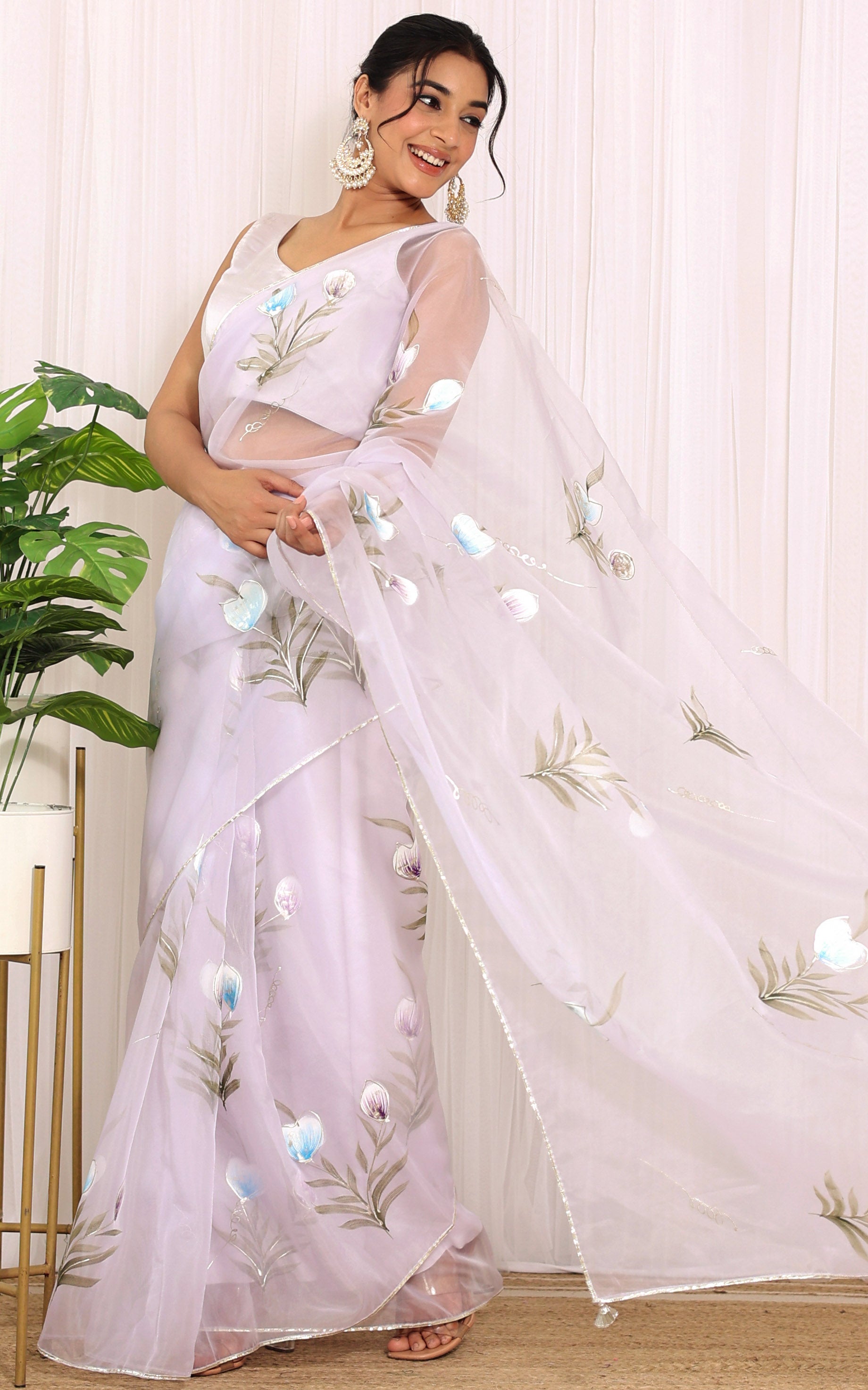 Lilac Handpainted Organza Saree