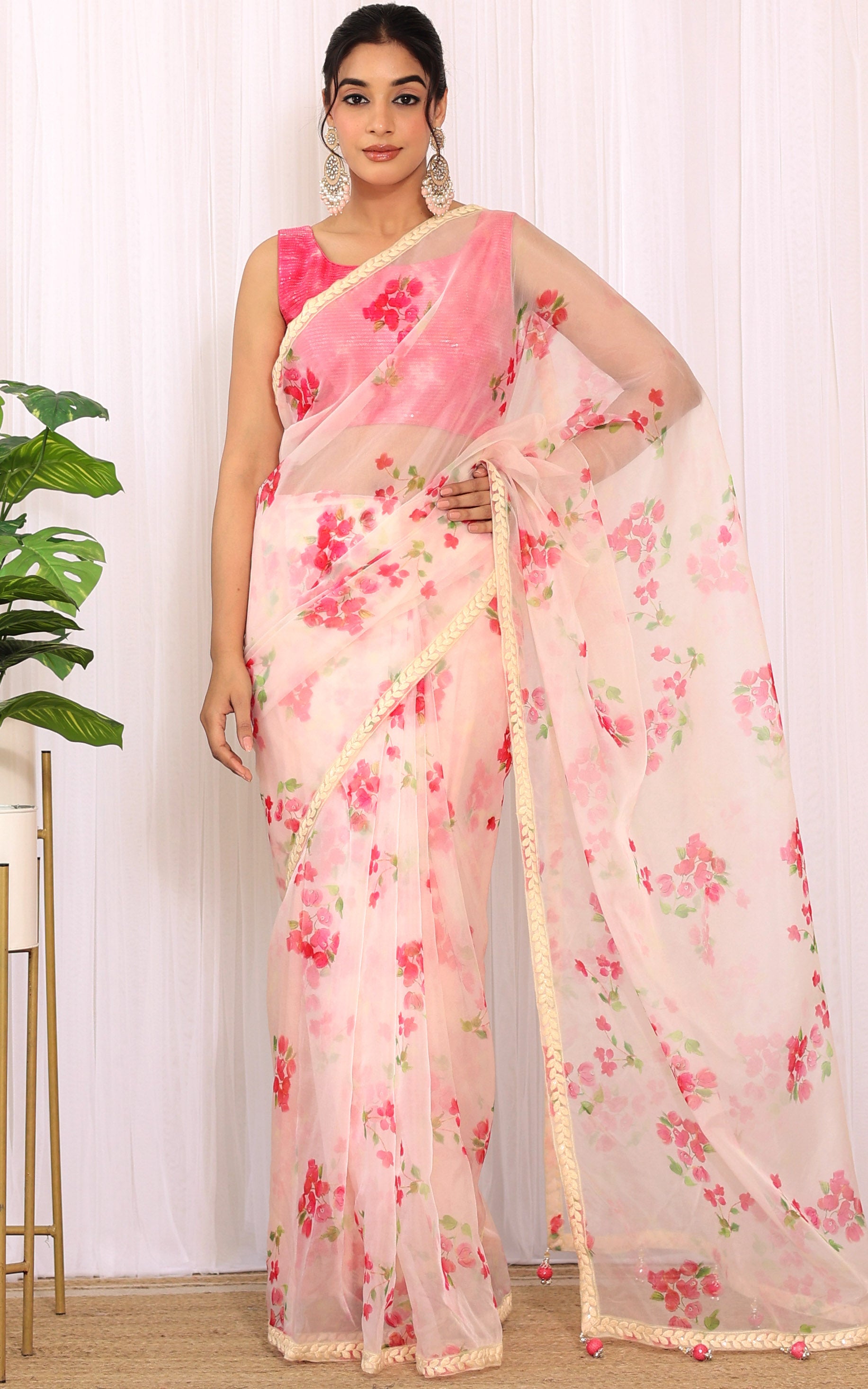 Cream Floral Bougainvillea Saree With Sequinned Shibori Blouse