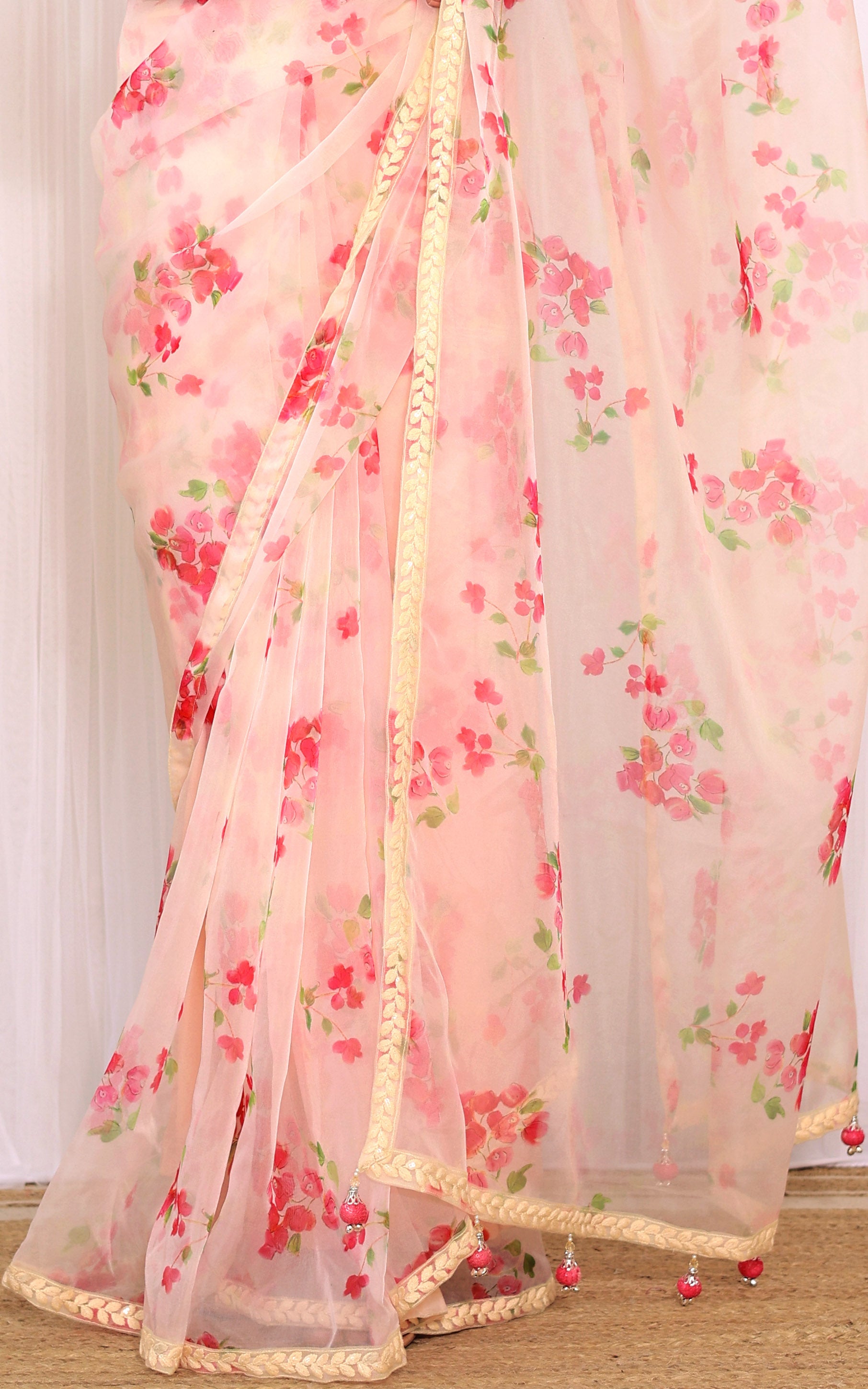 Cream Floral Bougainvillea Saree With Sequinned Shibori Blouse