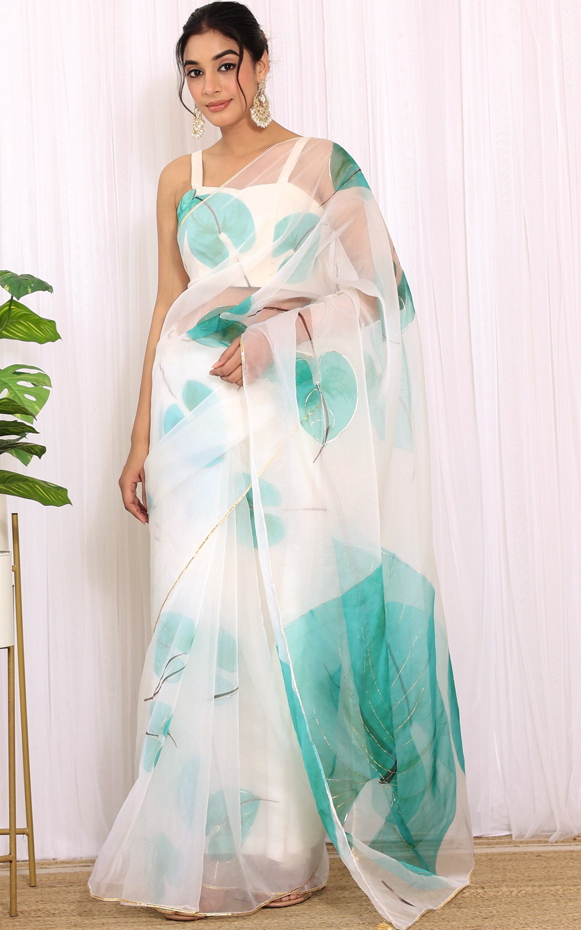 Green Anthurium Handpainted Organza Saree