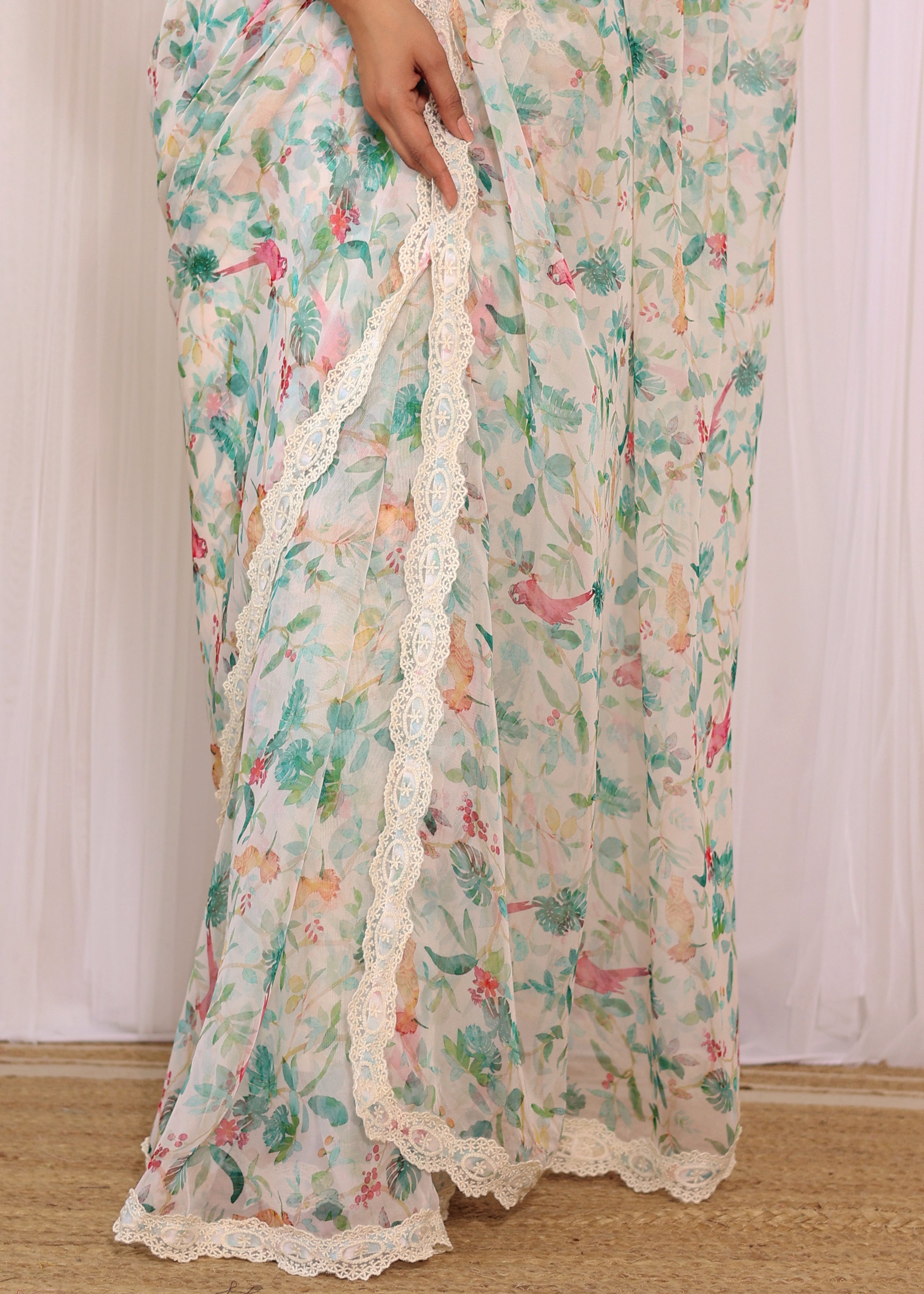 Off-white Bird Printed Georgette Saree