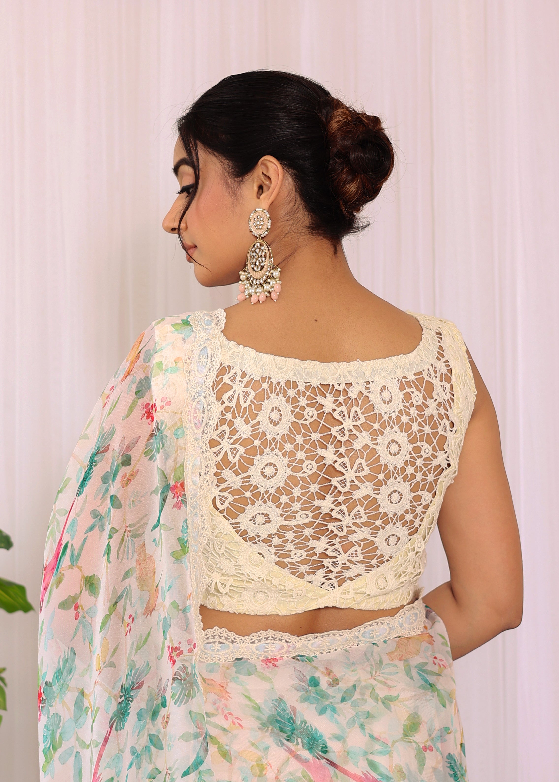 Off-white Bird Printed Georgette Saree