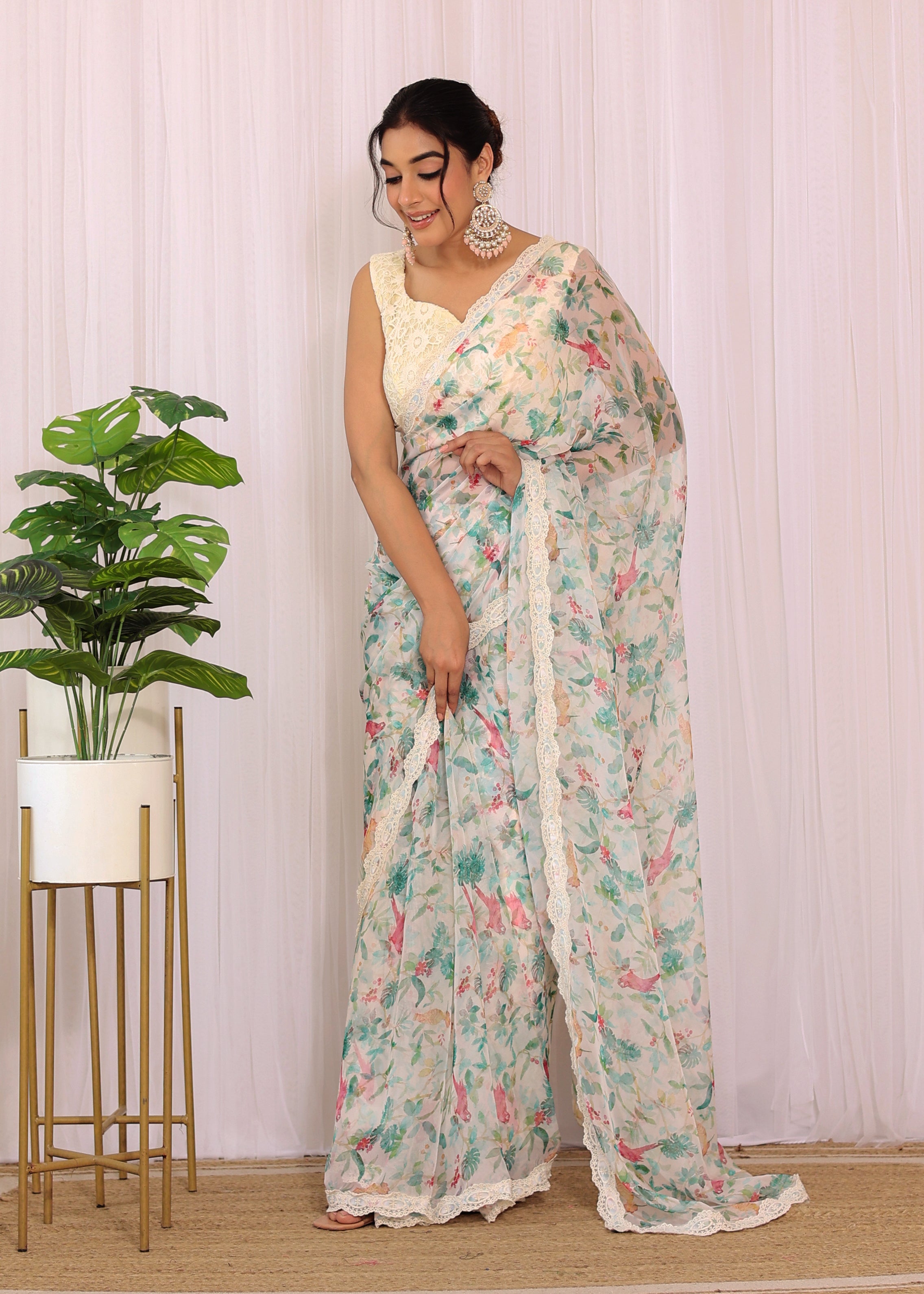 Off-white Bird Printed Georgette Saree