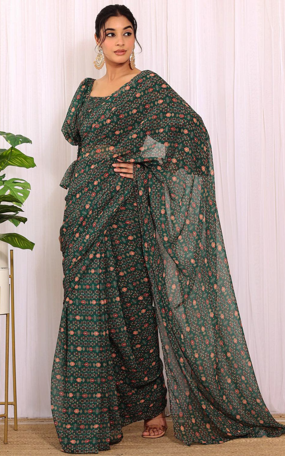 Shreya Arora Bottle Green Pre-Stitched Printed Georgette Saree With Smocked Crop Top