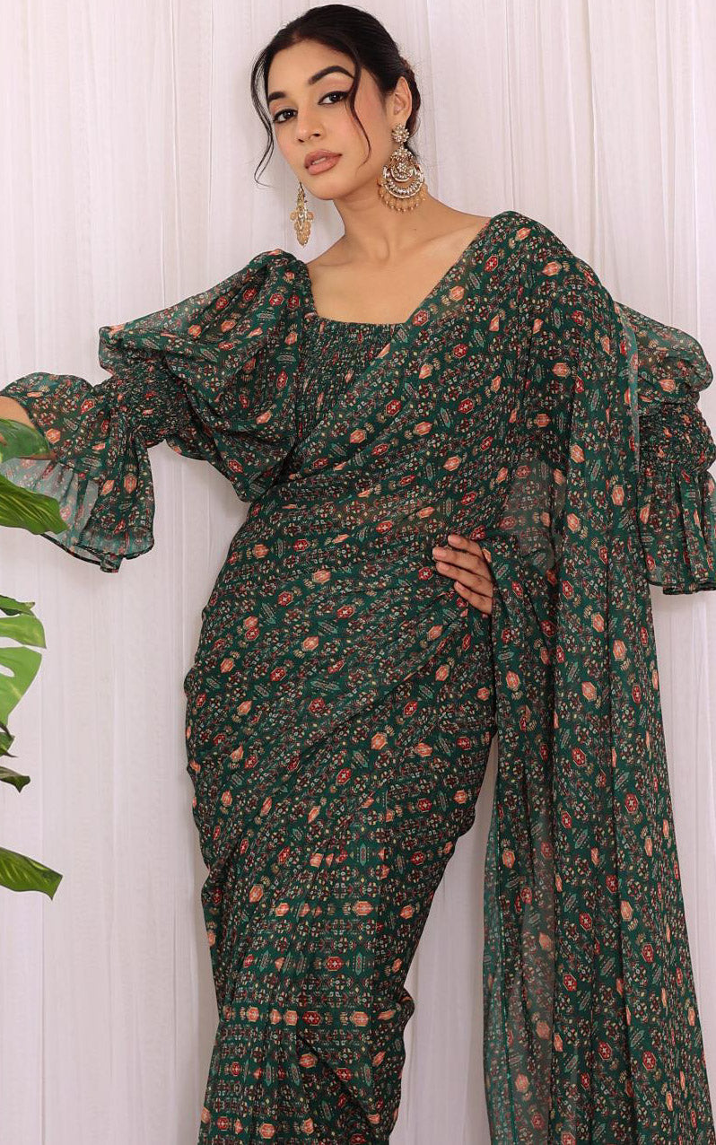 Shreya Arora Bottle Green Pre-Stitched Printed Georgette Saree With Smocked Crop Top