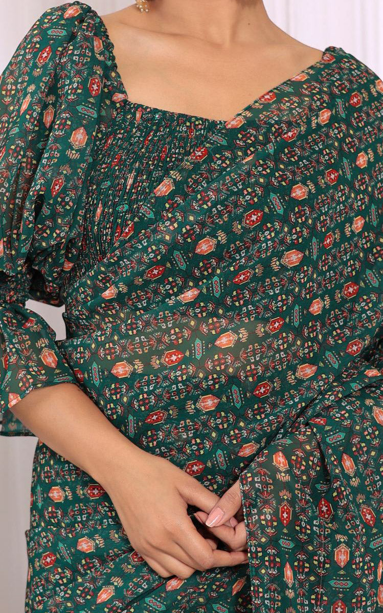 Shreya Arora Bottle Green Pre-Stitched Printed Georgette Saree With Smocked Crop Top