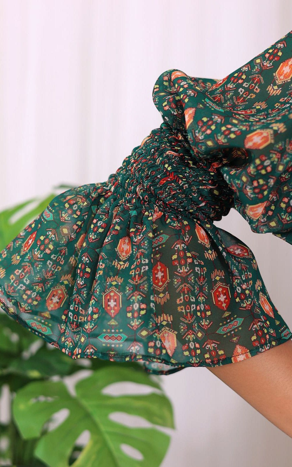 Shreya Arora Bottle Green Pre-Stitched Printed Georgette Saree With Smocked Crop Top