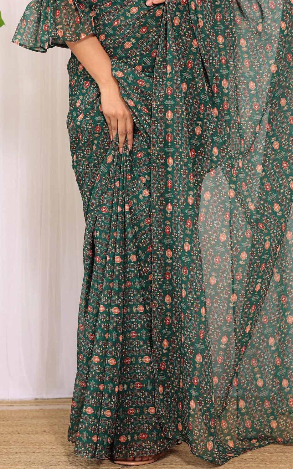 Shreya Arora Bottle Green Pre-Stitched Printed Georgette Saree With Smocked Crop Top