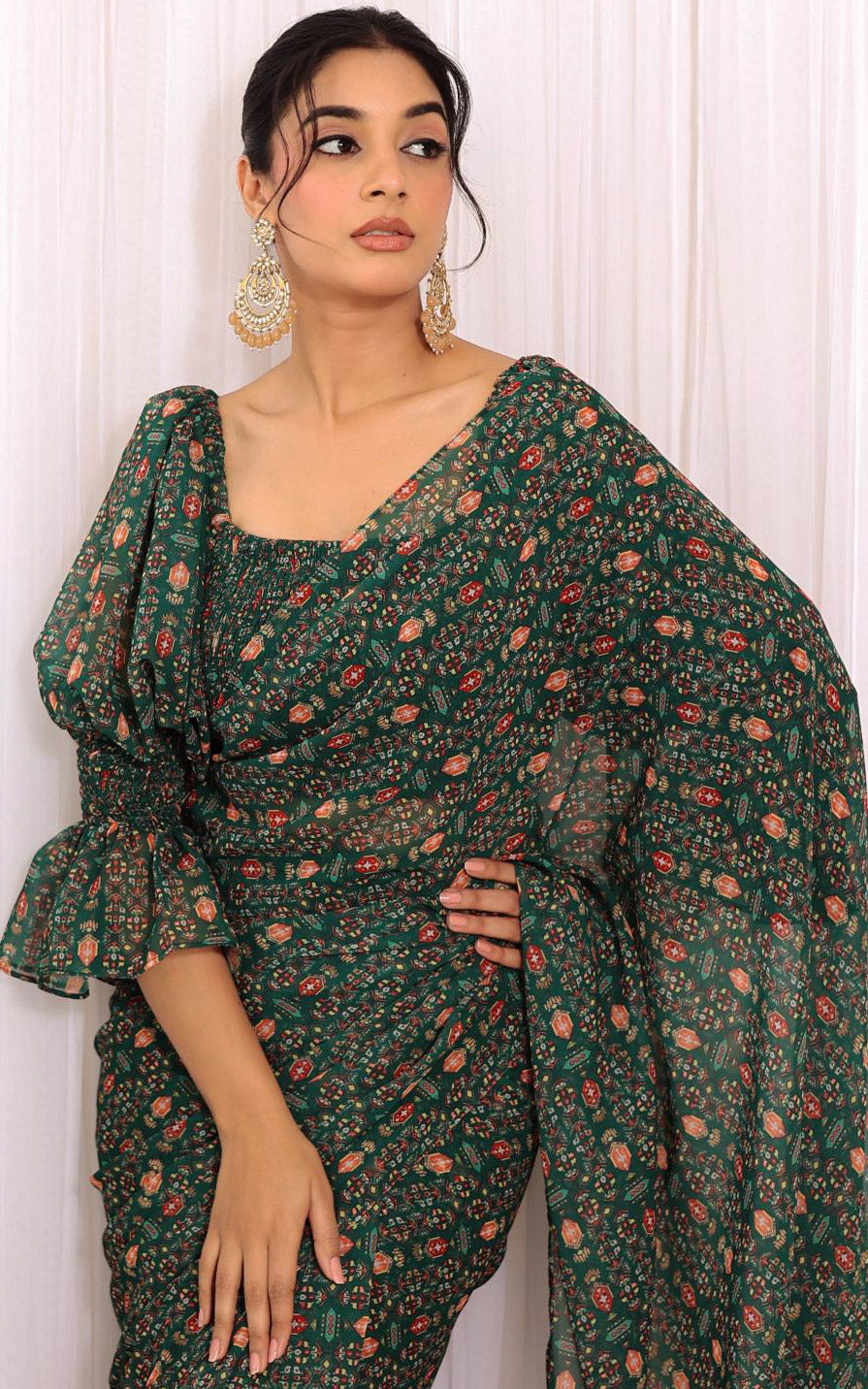 Shreya Arora Bottle Green Pre-Stitched Printed Georgette Saree With Smocked Crop Top