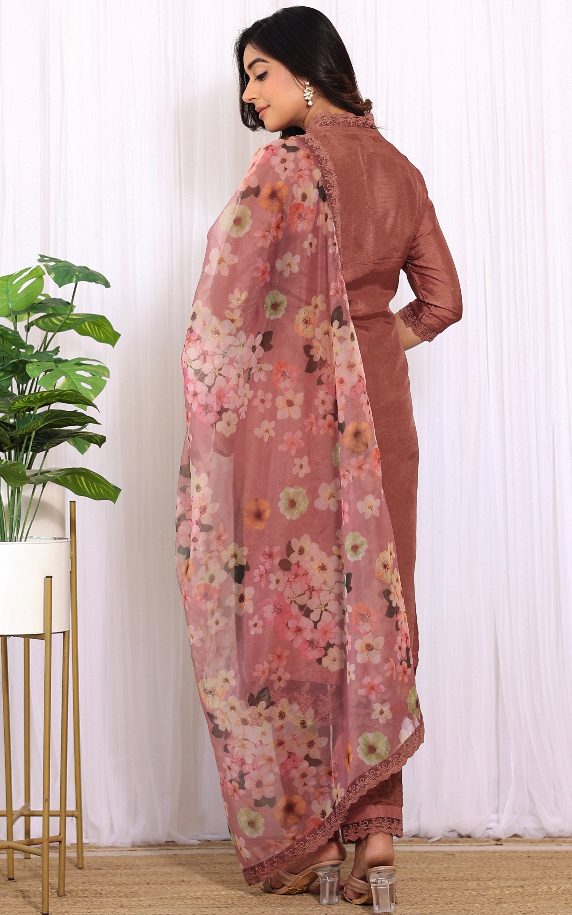 Grapewine Kurta Pant Set With Floral Organza Dupatta