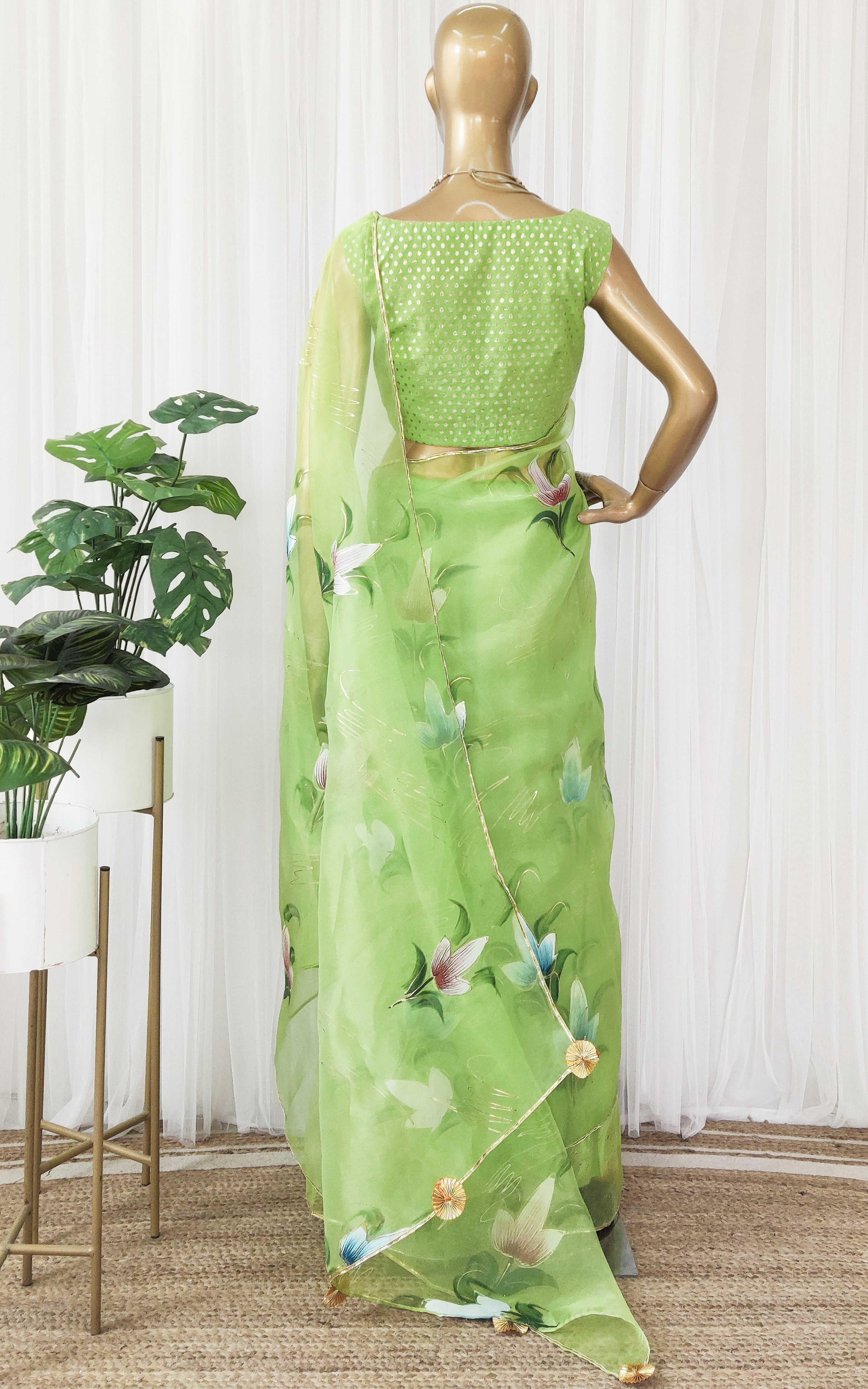 Lime Green Handpainted Organza Saree