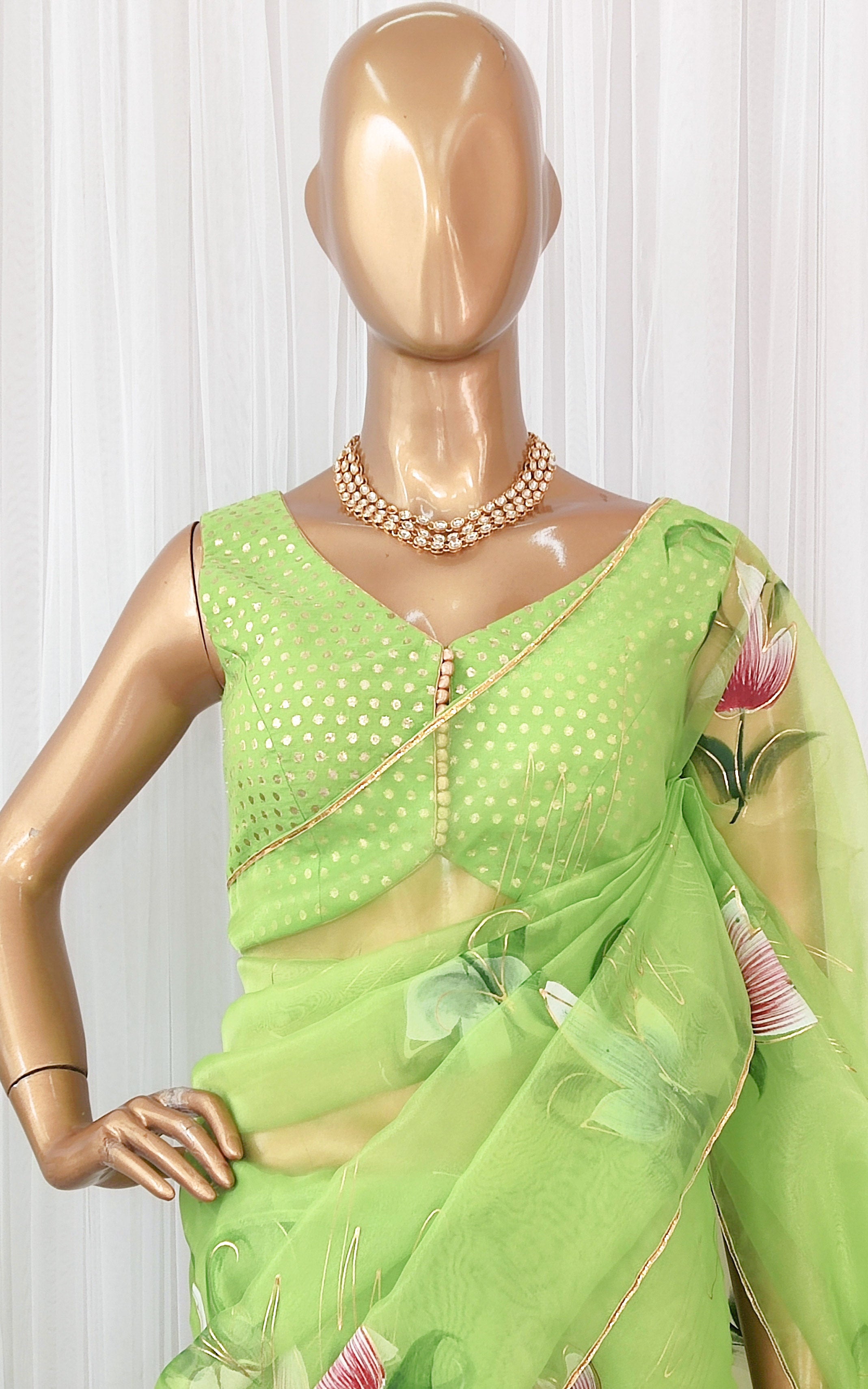 Lime Green Handpainted Organza Saree