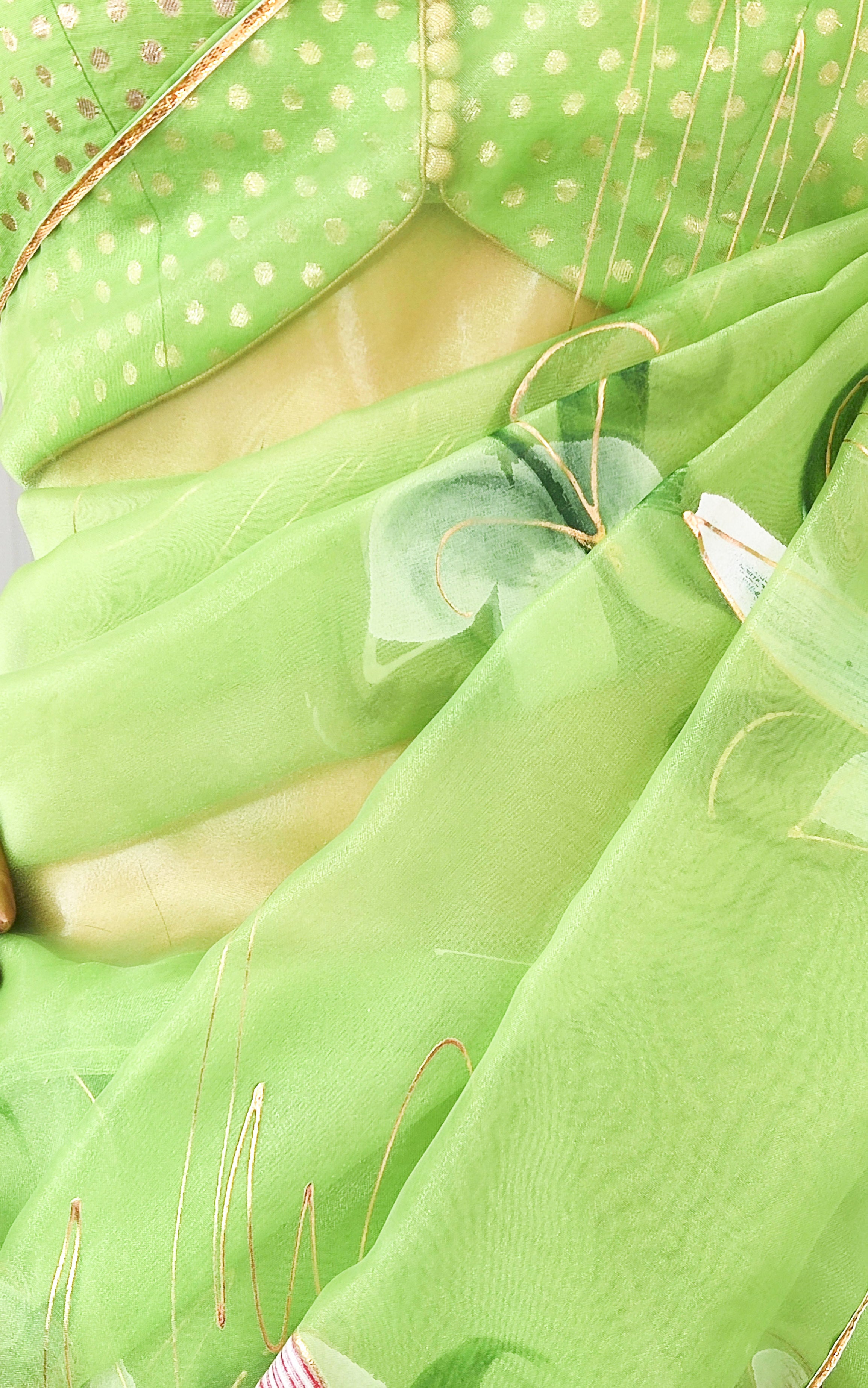 Lime Green Handpainted Organza Saree