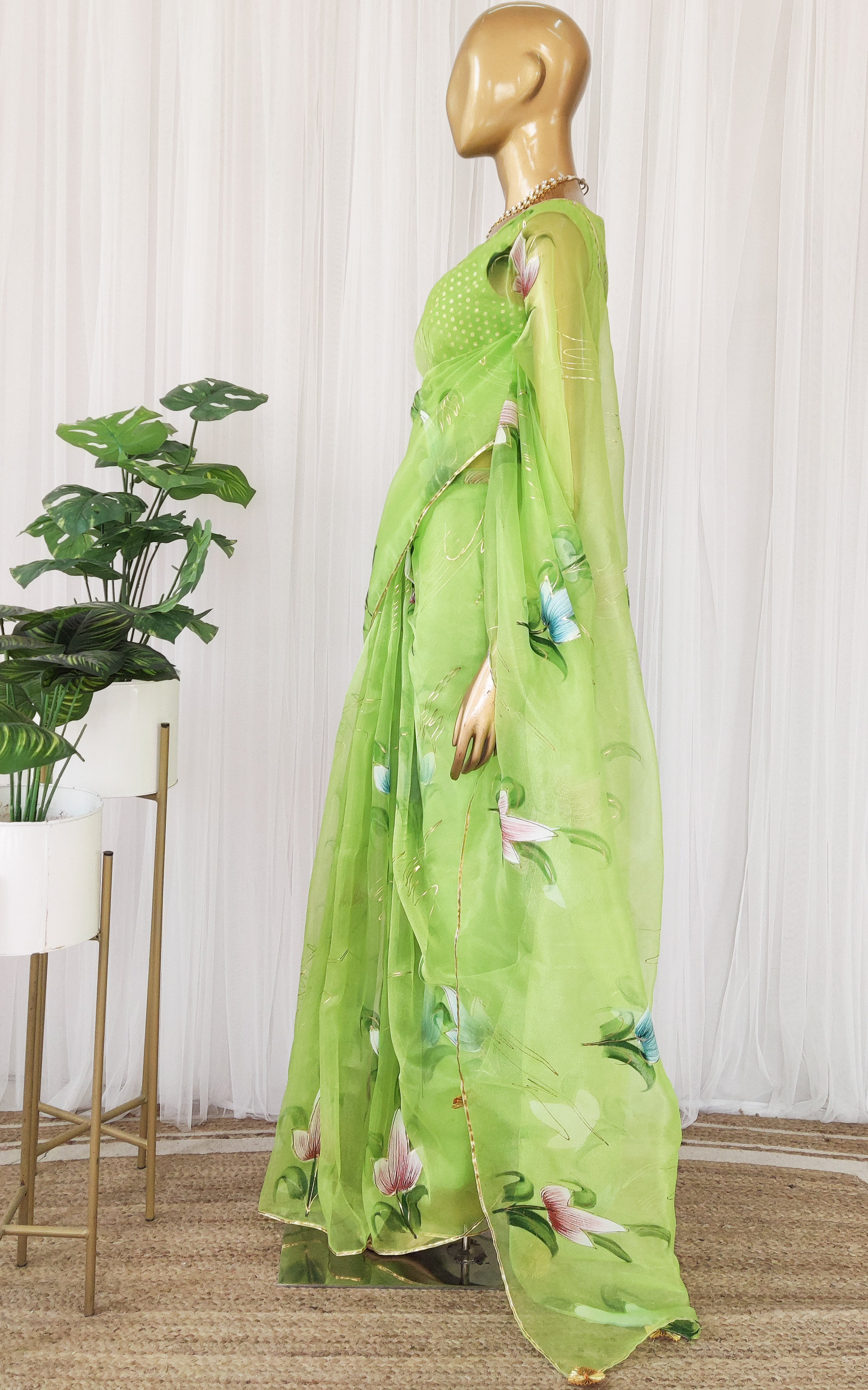 Lime Green Handpainted Organza Saree