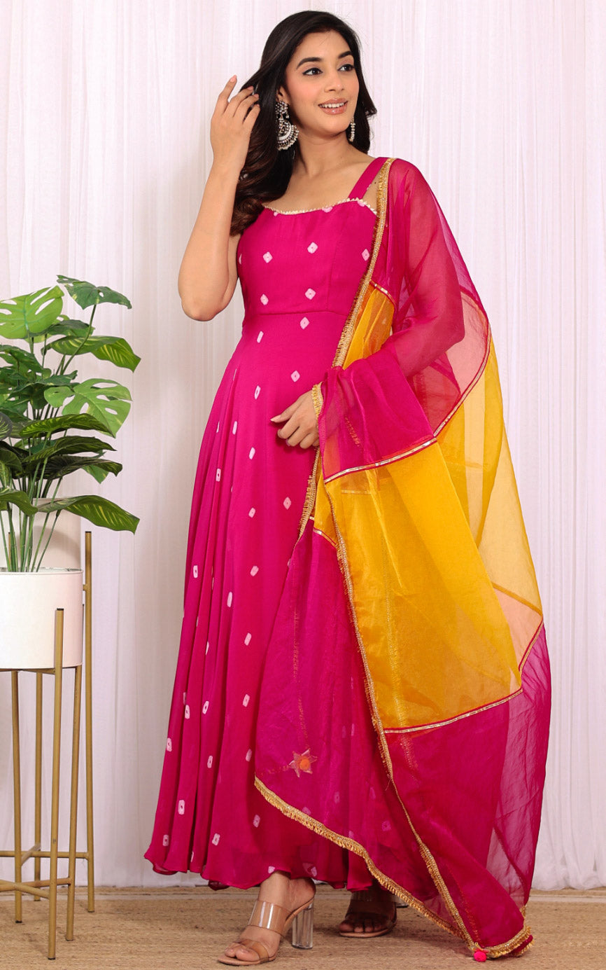Swati Rathi Pink Bandhej Anarkali With Multicolored Organza Dupatta