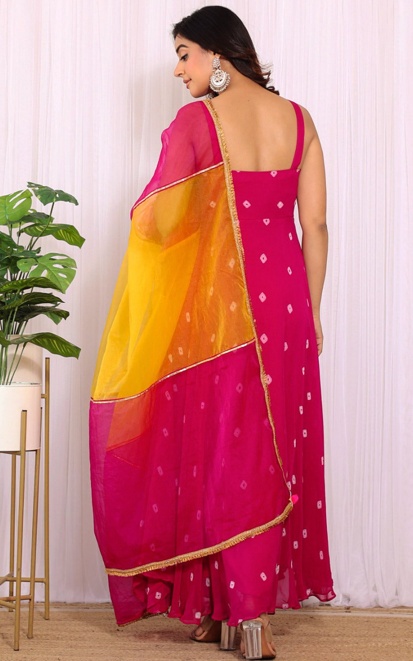 Swati Rathi Pink Bandhej Anarkali With Multicolored Organza Dupatta