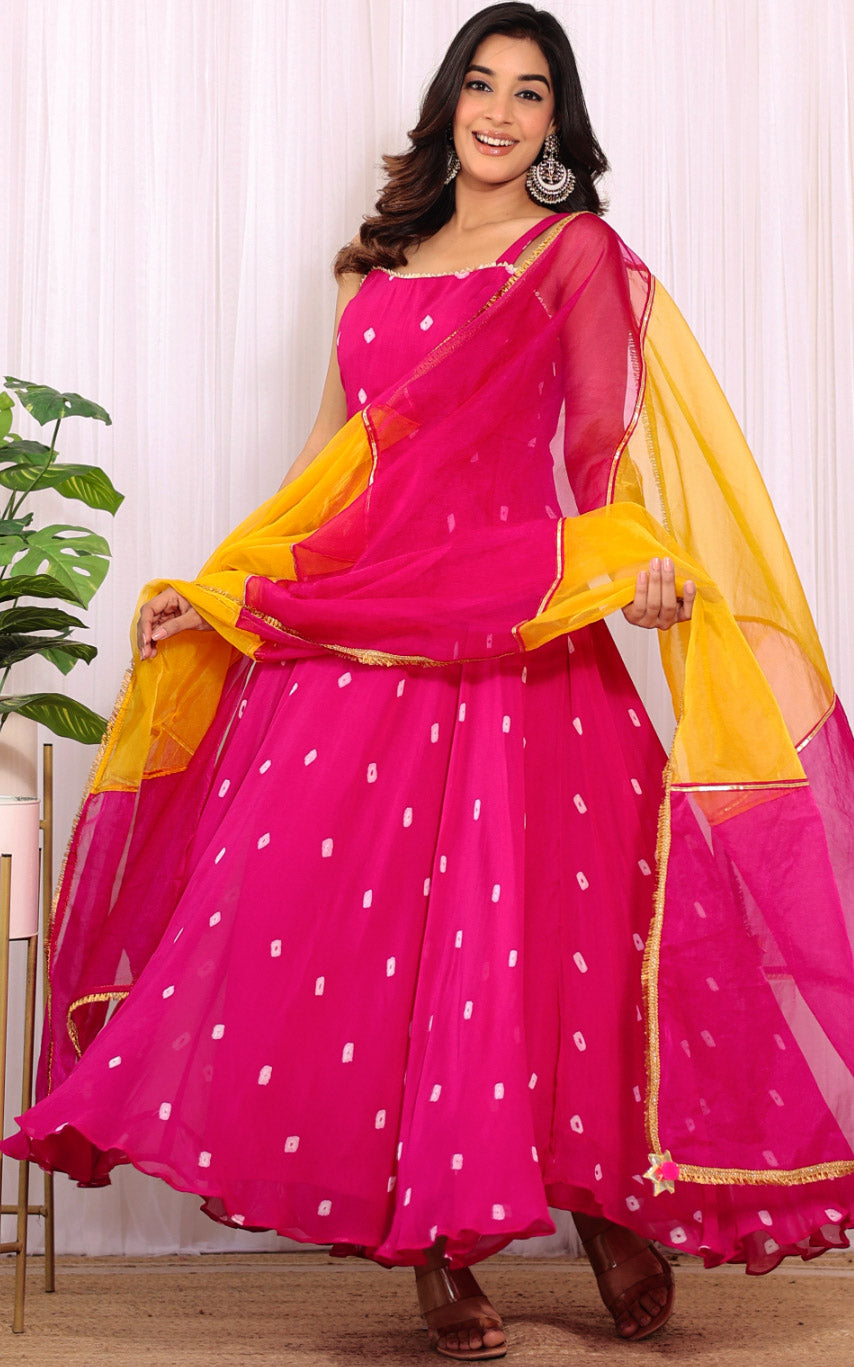 Swati Rathi Pink Bandhej Anarkali With Multicolored Organza Dupatta