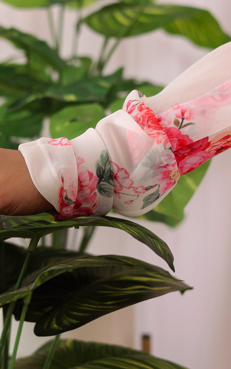 Off White Floral Printed Georgette Anarkali with Cutwork Organza Dupatta