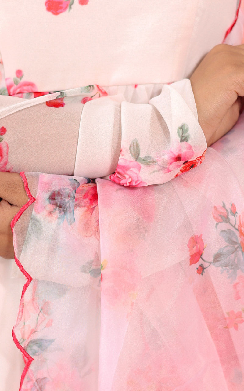 Off White Floral Printed Georgette Anarkali with Cutwork Organza Dupatta