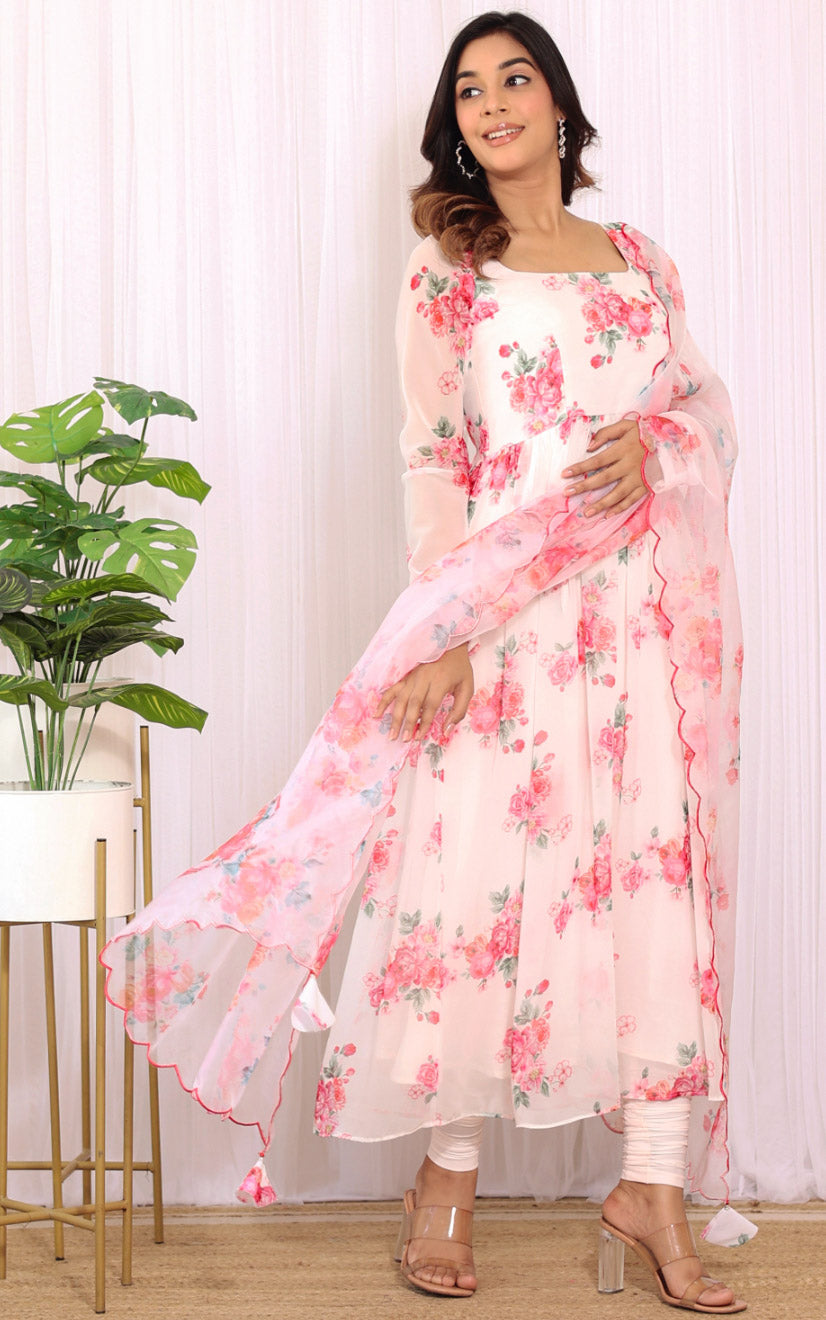 Off White Floral Printed Georgette Anarkali with Cutwork Organza Dupatta