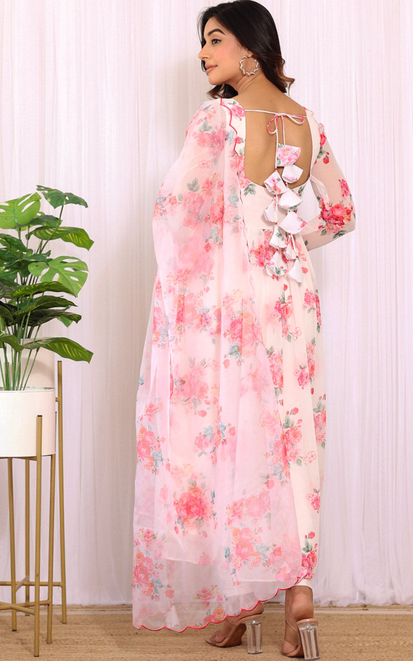 Off White Floral Printed Georgette Anarkali with Cutwork Organza Dupatta