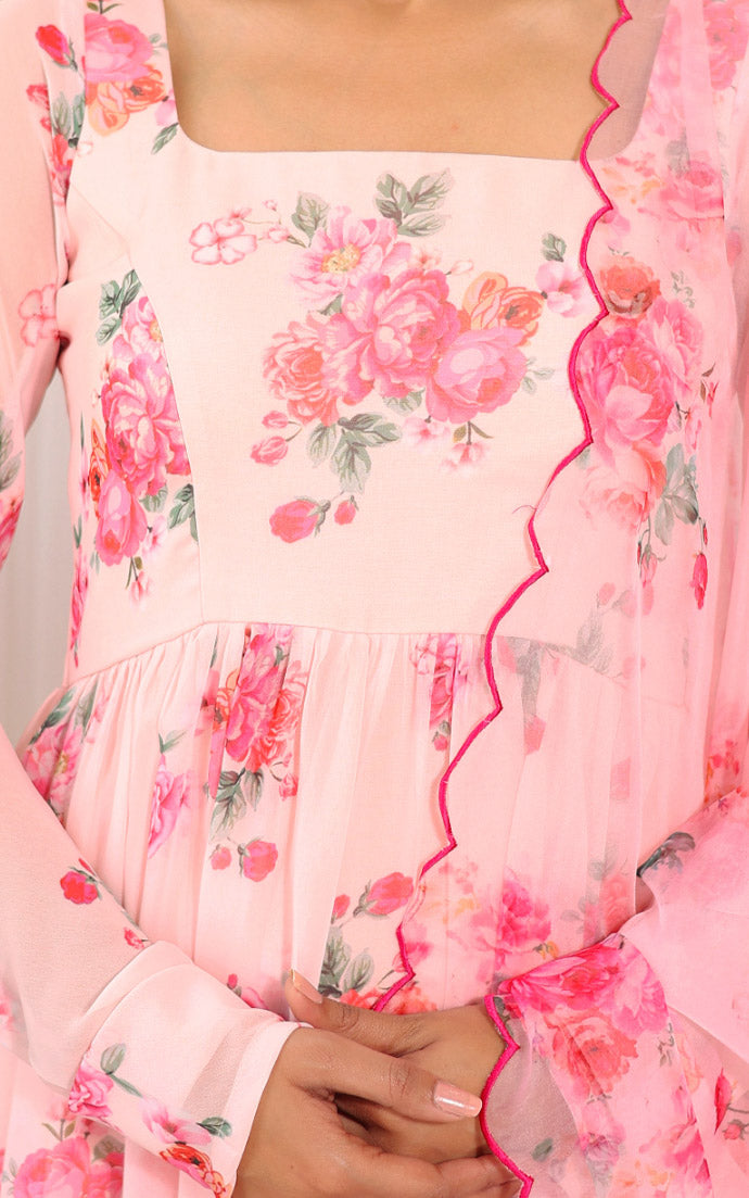 Anam Blush Pink Floral Georgette Anarkali with Cutwork Organza Dupatta