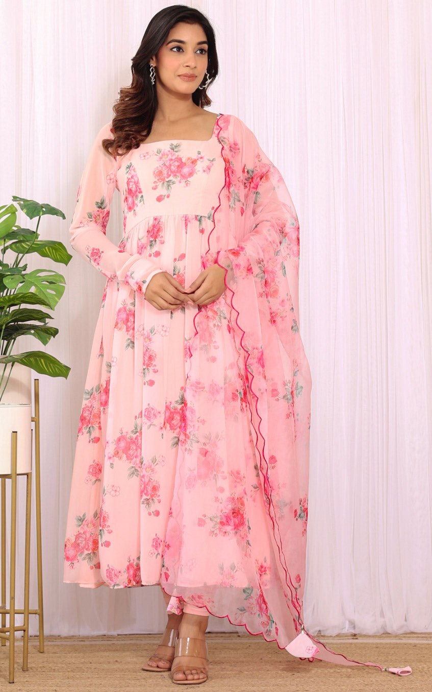 Anam Blush Pink Floral Georgette Anarkali with Cutwork Organza Dupatta