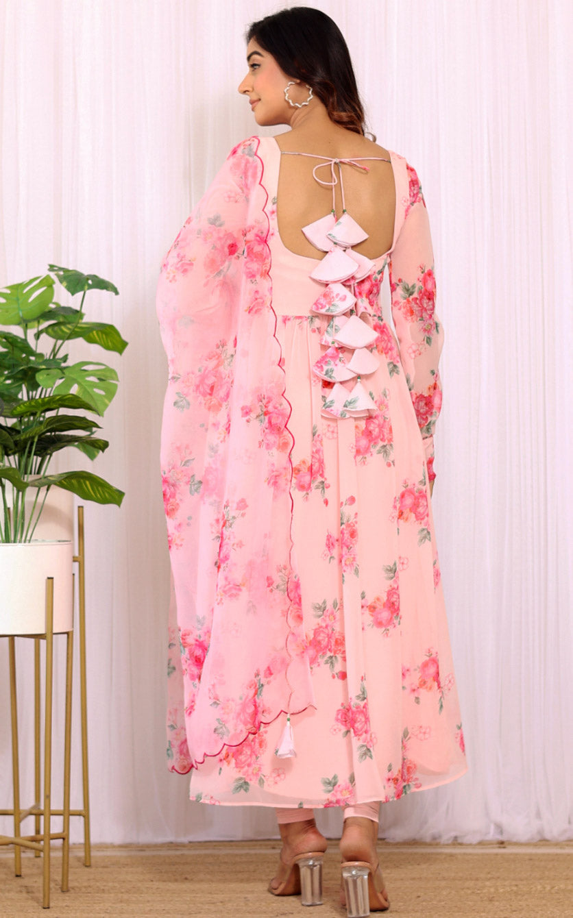 Anam Blush Pink Floral Georgette Anarkali with Cutwork Organza Dupatta